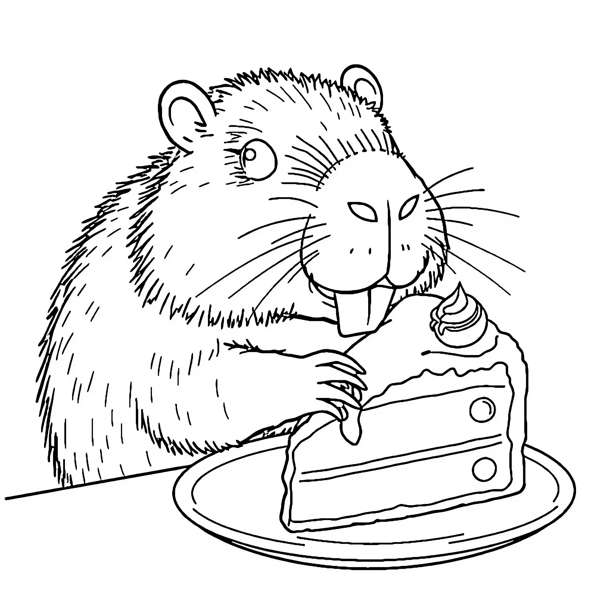 Capybara enjoying a delicious cake Coloring Page (free black-and-white line drawing printable PDF for all, from beginners to advanced learners, including children, teens, adults, and seniors)
