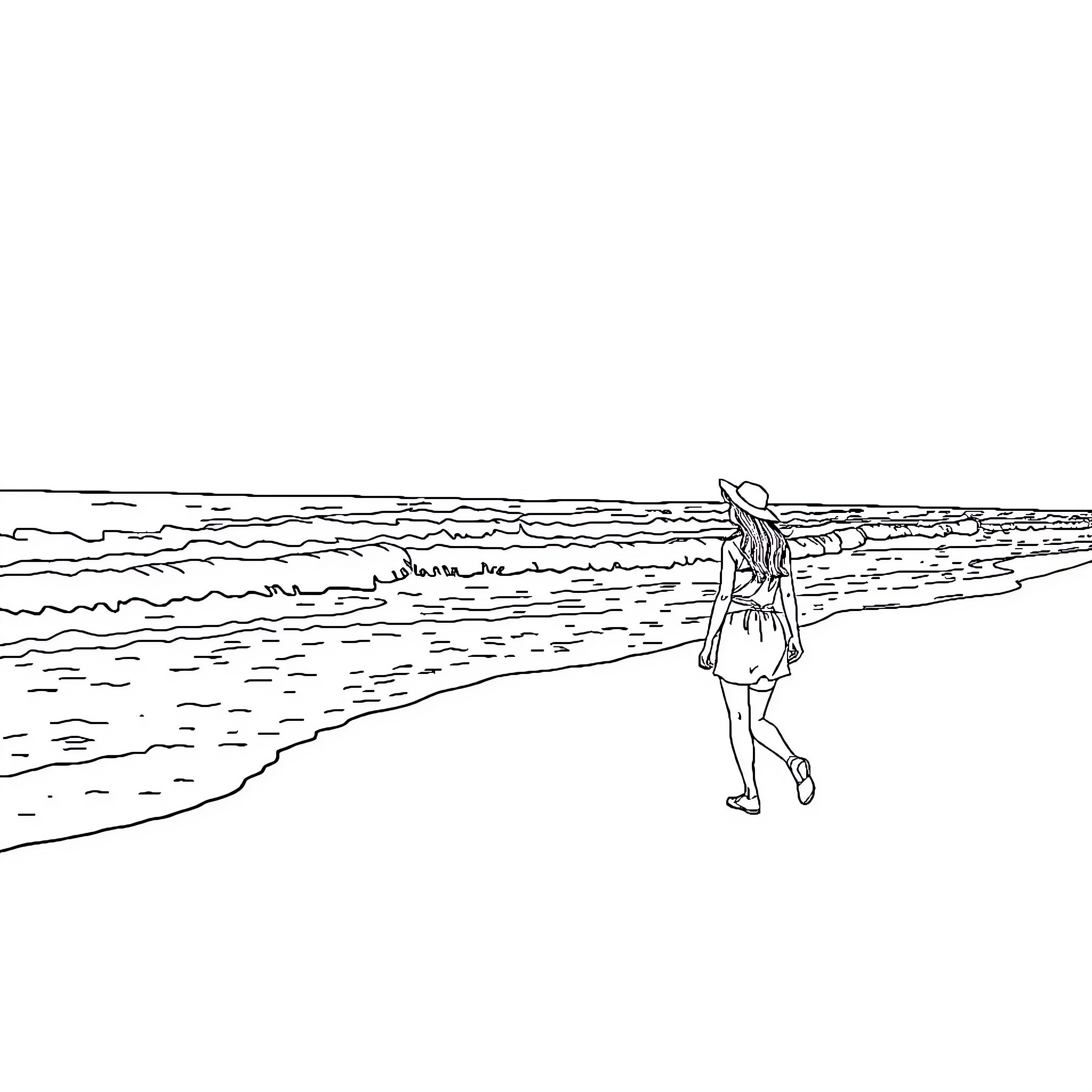 Woman strolling along the tranquil shoreline Coloring Page (free black-and-white line drawing printable PDF for all, from beginners to advanced learners, including children, teens, adults, and seniors)