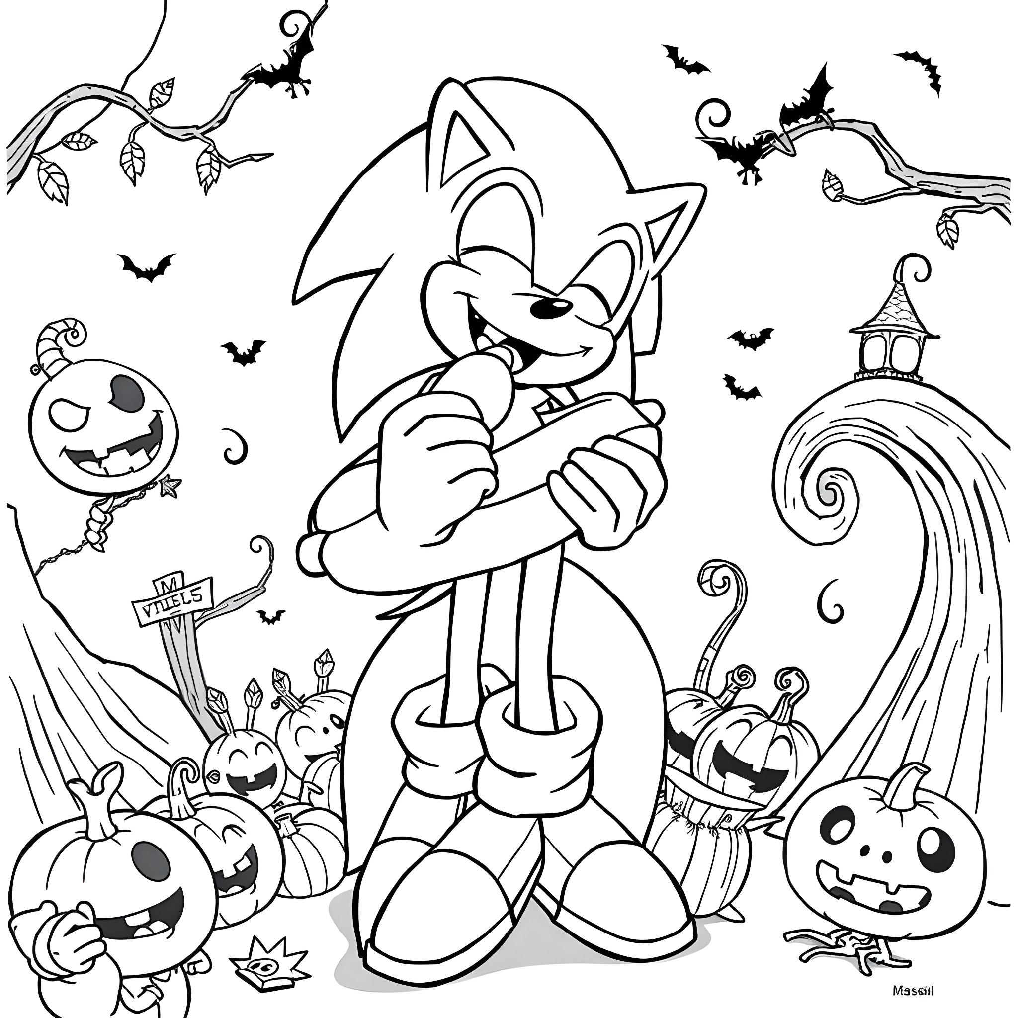 Sonic celebrates Halloween with pumpkins and bats Coloring Page (free black-and-white line drawing printable PDF for all, from beginners to advanced learners, including children, teens, adults, and seniors)
