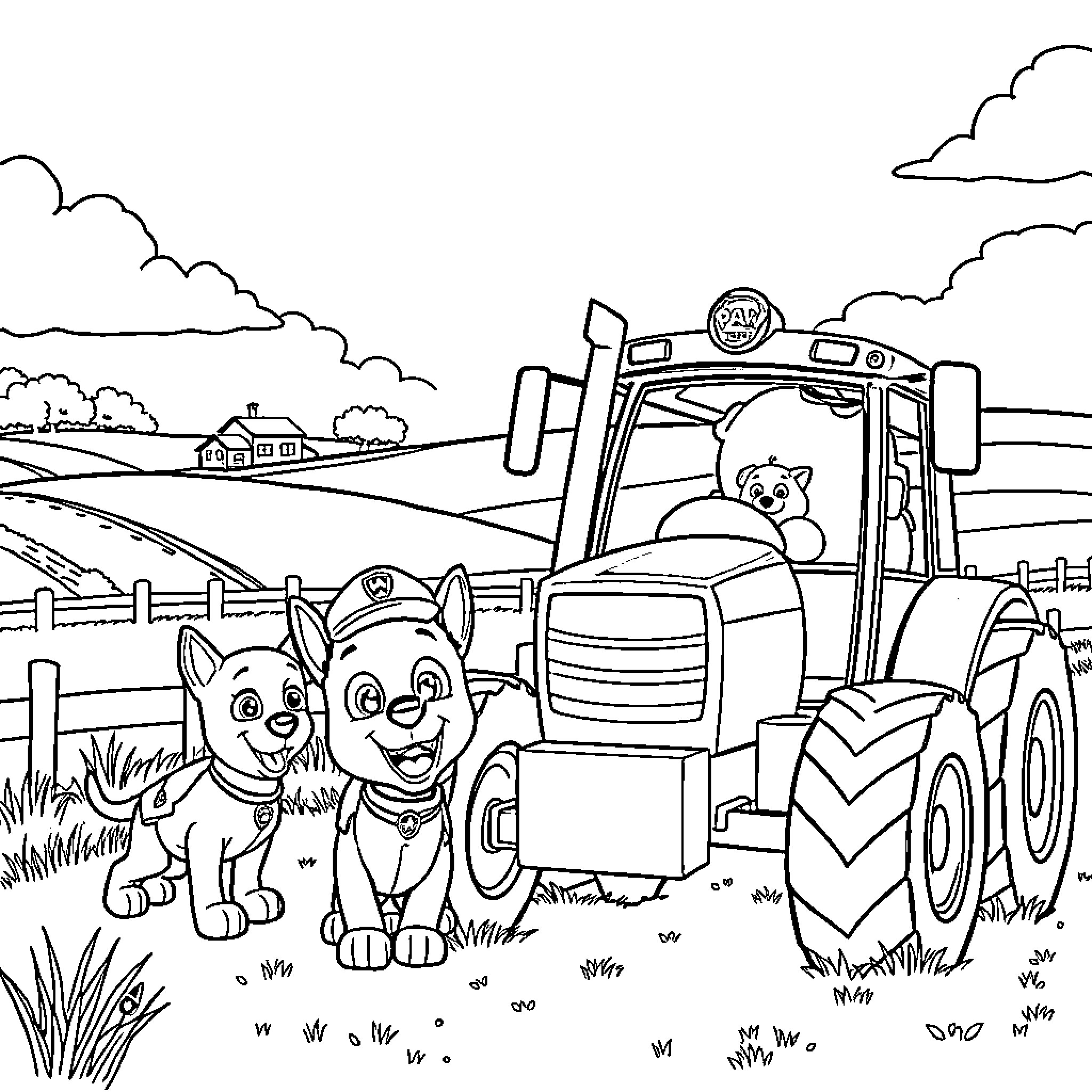 Paw Patrol pups explore the countryside on a tractor Coloring Page (free black-and-white line drawing printable PDF for all, from beginners to advanced learners, including children, teens, adults, and seniors)