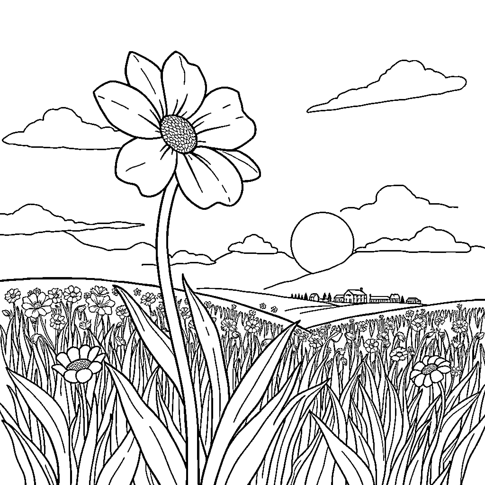 Flower blooming in a serene countryside landscape Coloring Page (free black-and-white line drawing printable PDF for all, from beginners to advanced learners, including children, teens, adults, and seniors)