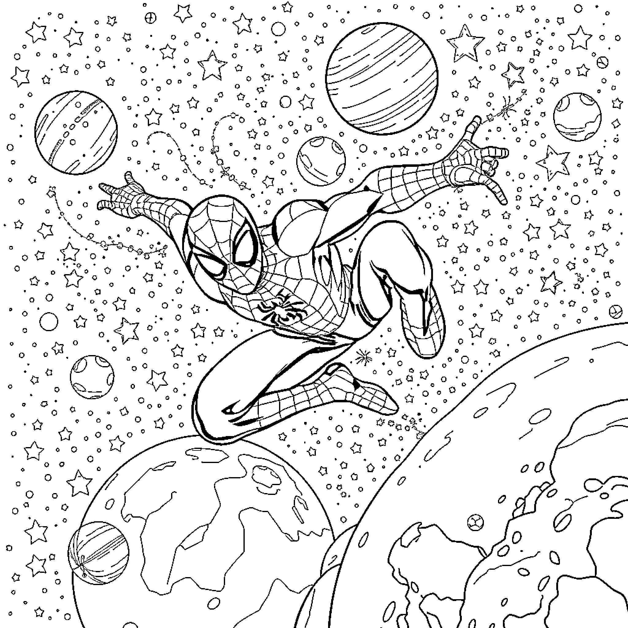 Spiderman swinging through the cosmic space Coloring Page (free black-and-white line drawing printable PDF for all, from beginners to advanced learners, including children, teens, adults, and seniors)