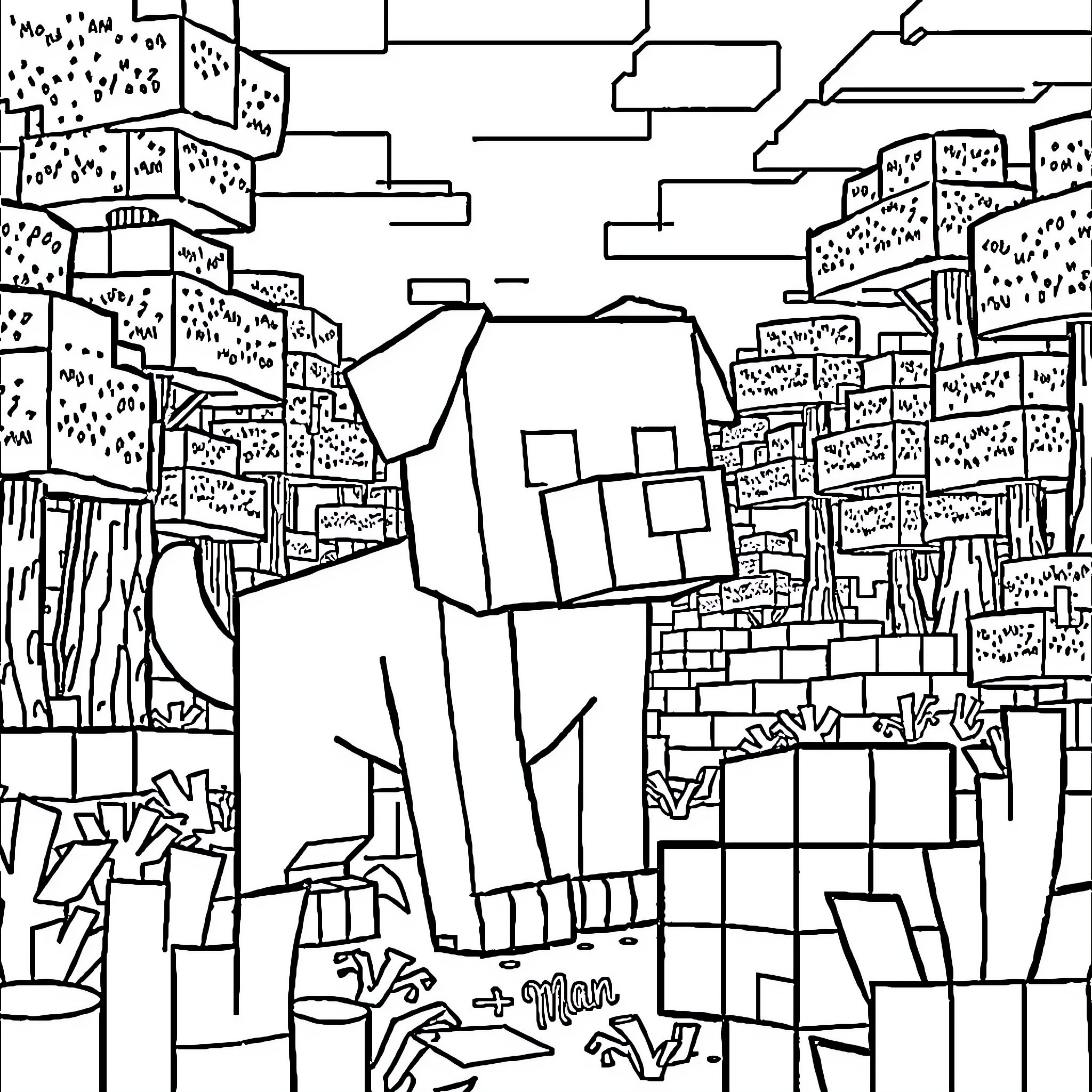 Dog Man exploring the fantastical city landscape Coloring Page (free black-and-white line drawing printable PDF for all, from beginners to advanced learners, including children, teens, adults, and seniors)