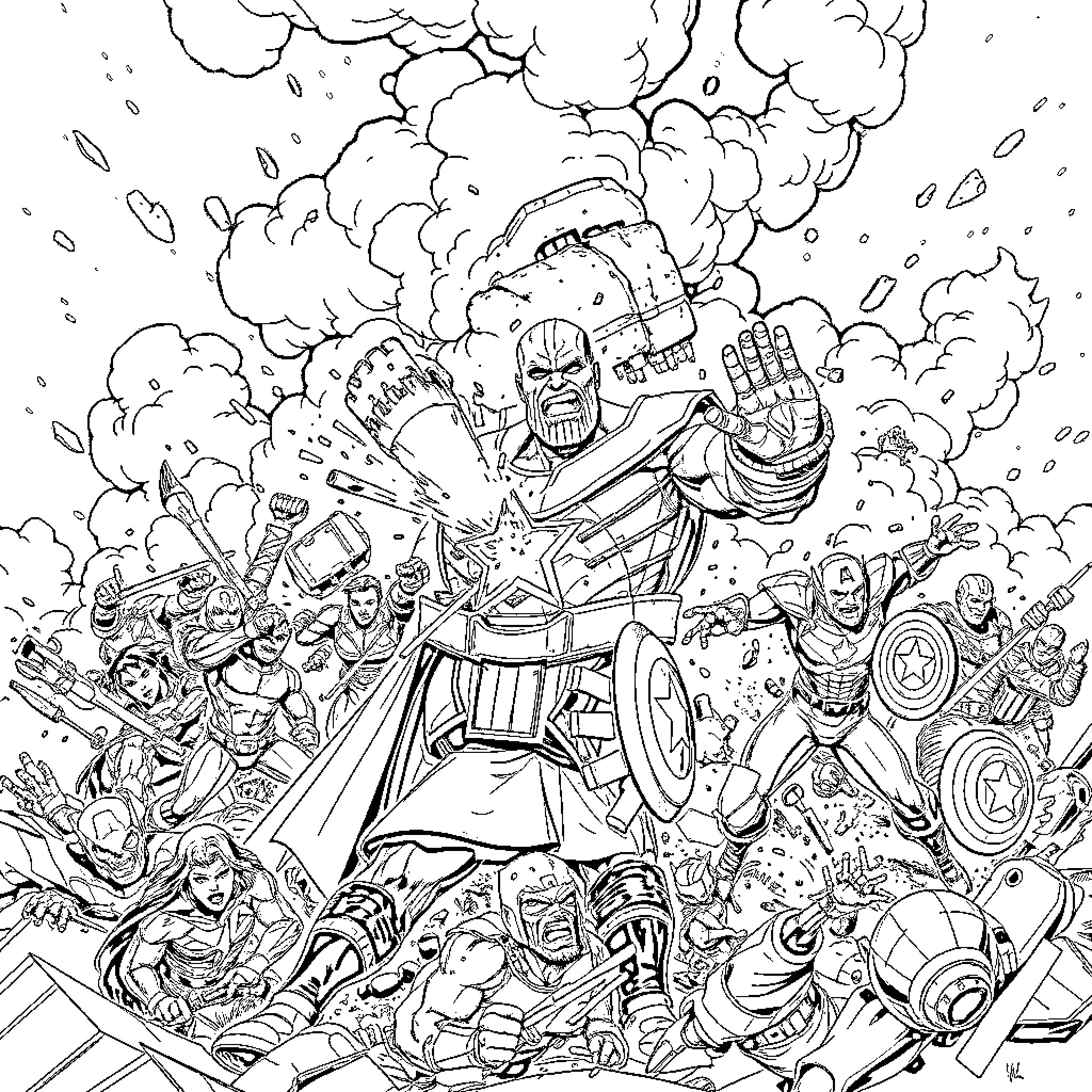 Avenger Superheroes Battle Intense Confrontation Coloring Page (free black-and-white line drawing printable PDF for all, from beginners to advanced learners, including children, teens, adults, and seniors)