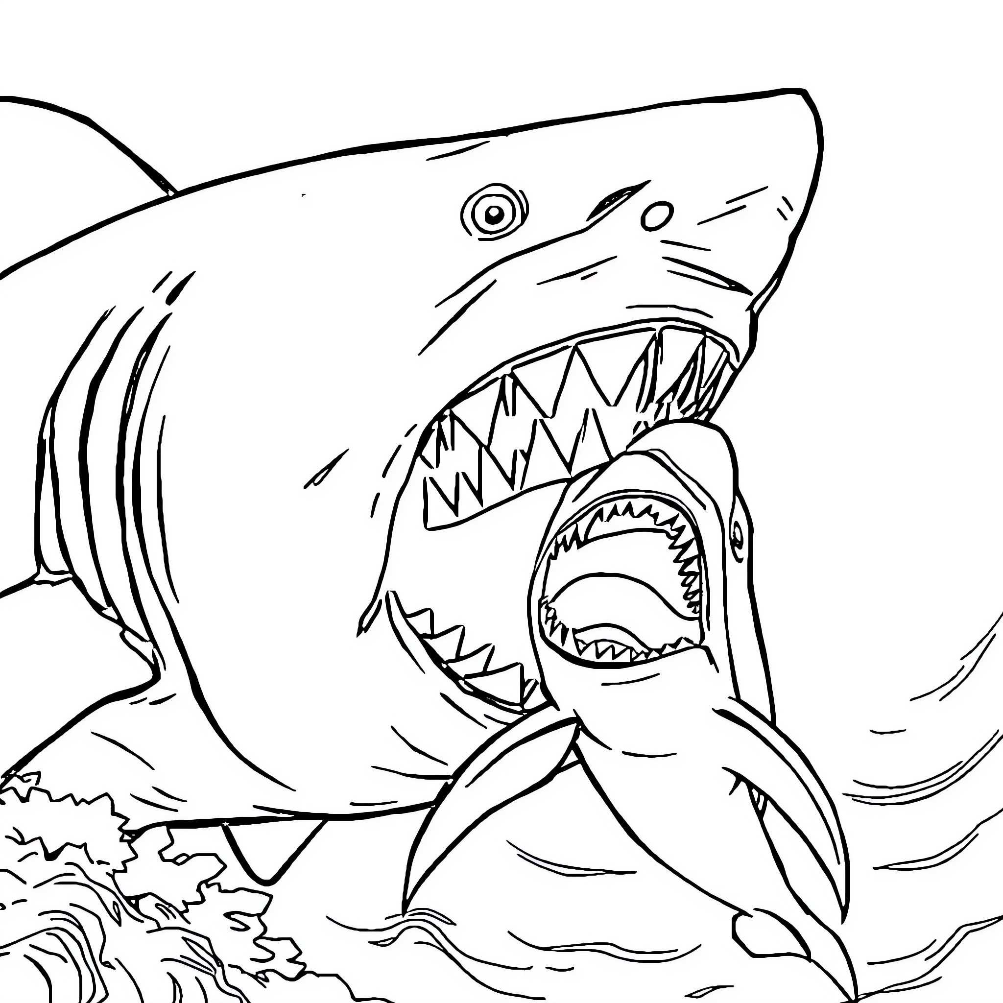 Shark attacking aggressively in the ocean Coloring Page (free black-and-white line drawing printable PDF for all, from beginners to advanced learners, including children, teens, adults, and seniors)