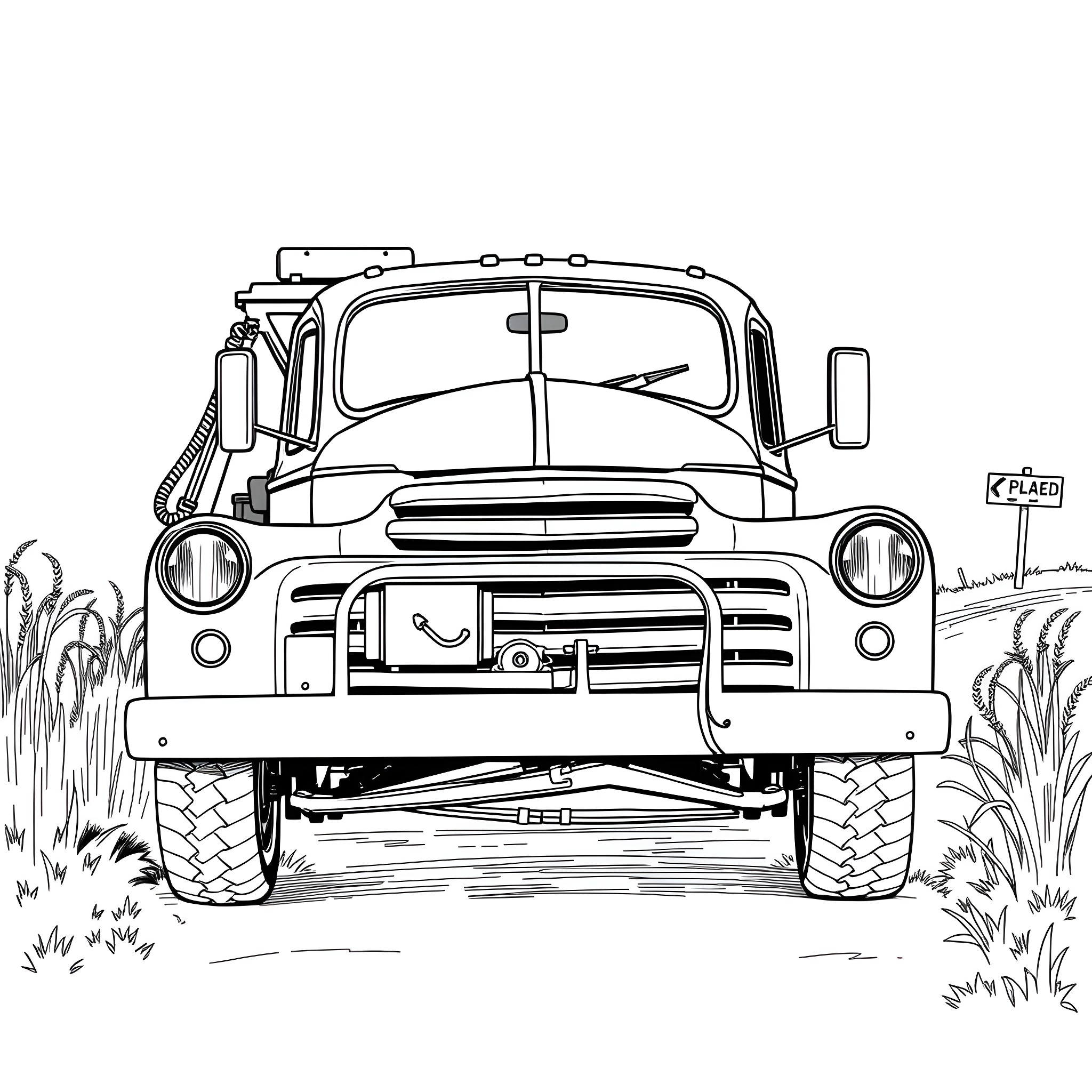 Tow Truck Pulling Vintage Vehicle on Rural Road Coloring Page (free black-and-white line drawing printable PDF for all, from beginners to advanced learners, including children, teens, adults, and seniors)