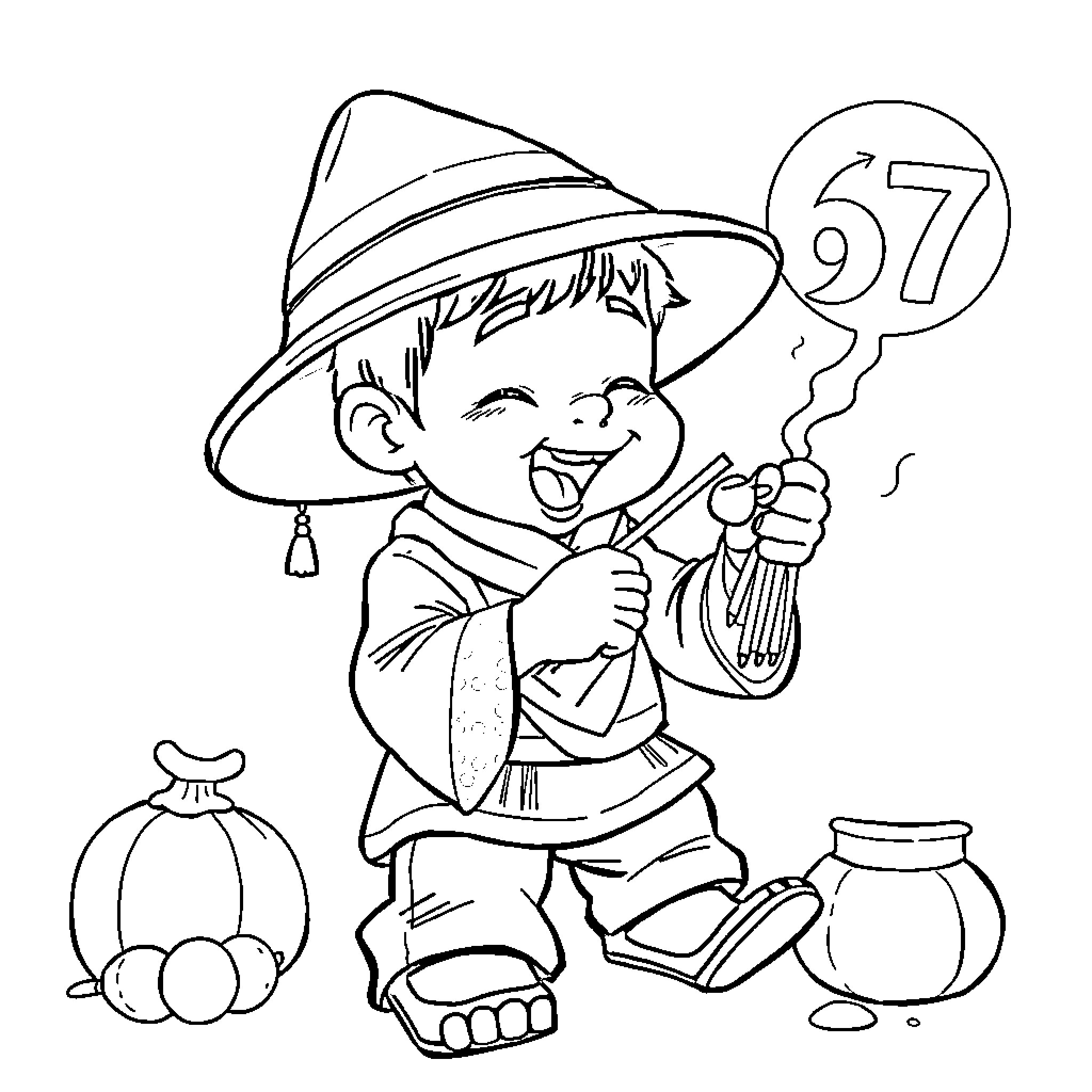 Tung Tung's Festive Celebration Coloring Page (free black-and-white line drawing printable PDF for all, from beginners to advanced learners, including children, teens, adults, and seniors)