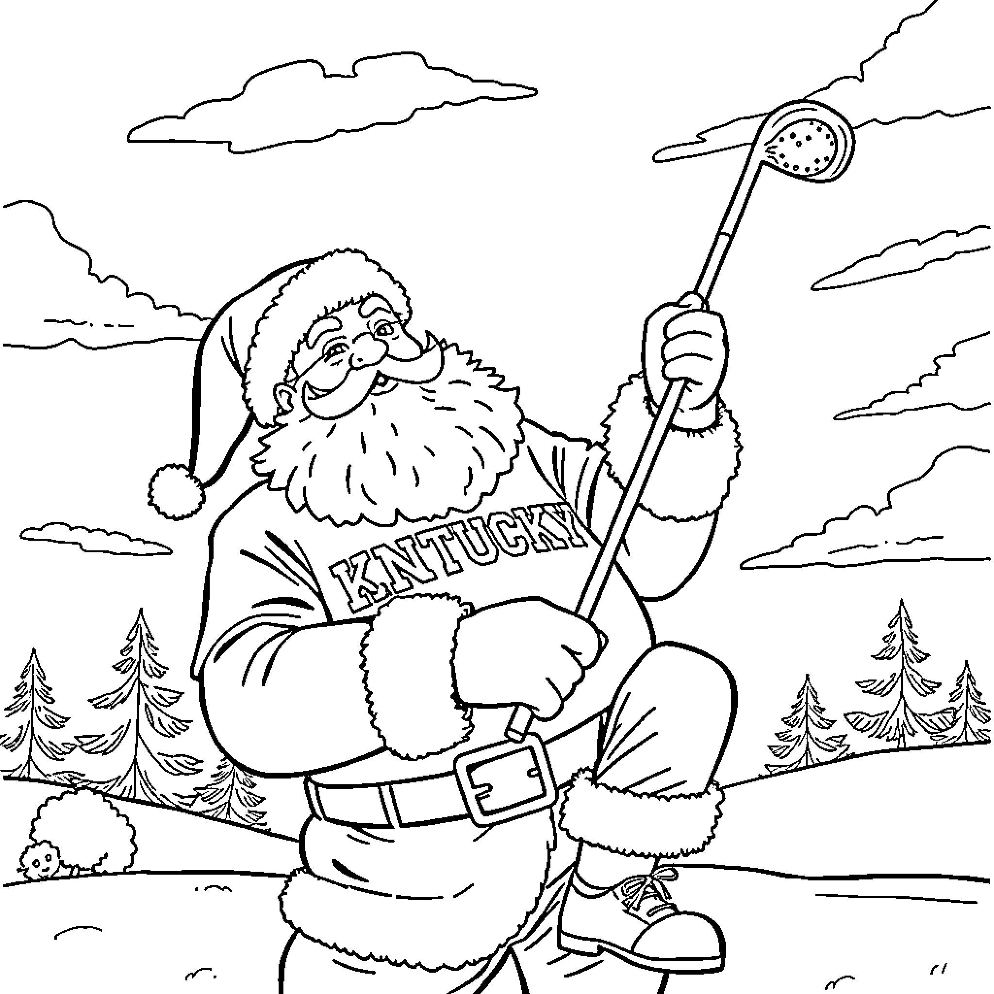Santa Holding a Kentucky Souvenir in the Snowy Woods Coloring Page (free black-and-white line drawing printable PDF for all, from beginners to advanced learners, including children, teens, adults, and seniors)