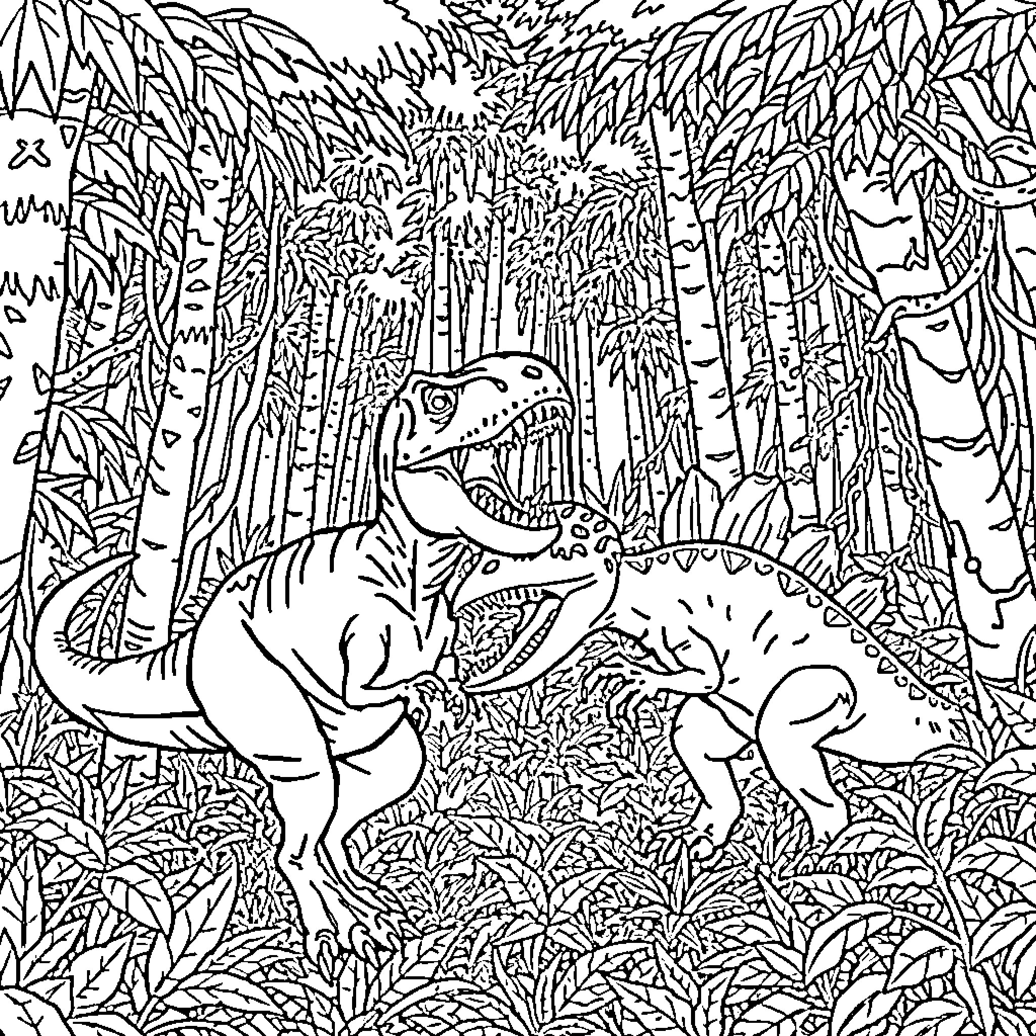 Dinosaur Encounter in the Prehistoric Forest Coloring Page (free black-and-white line drawing printable PDF for all, from beginners to advanced learners, including children, teens, adults, and seniors)