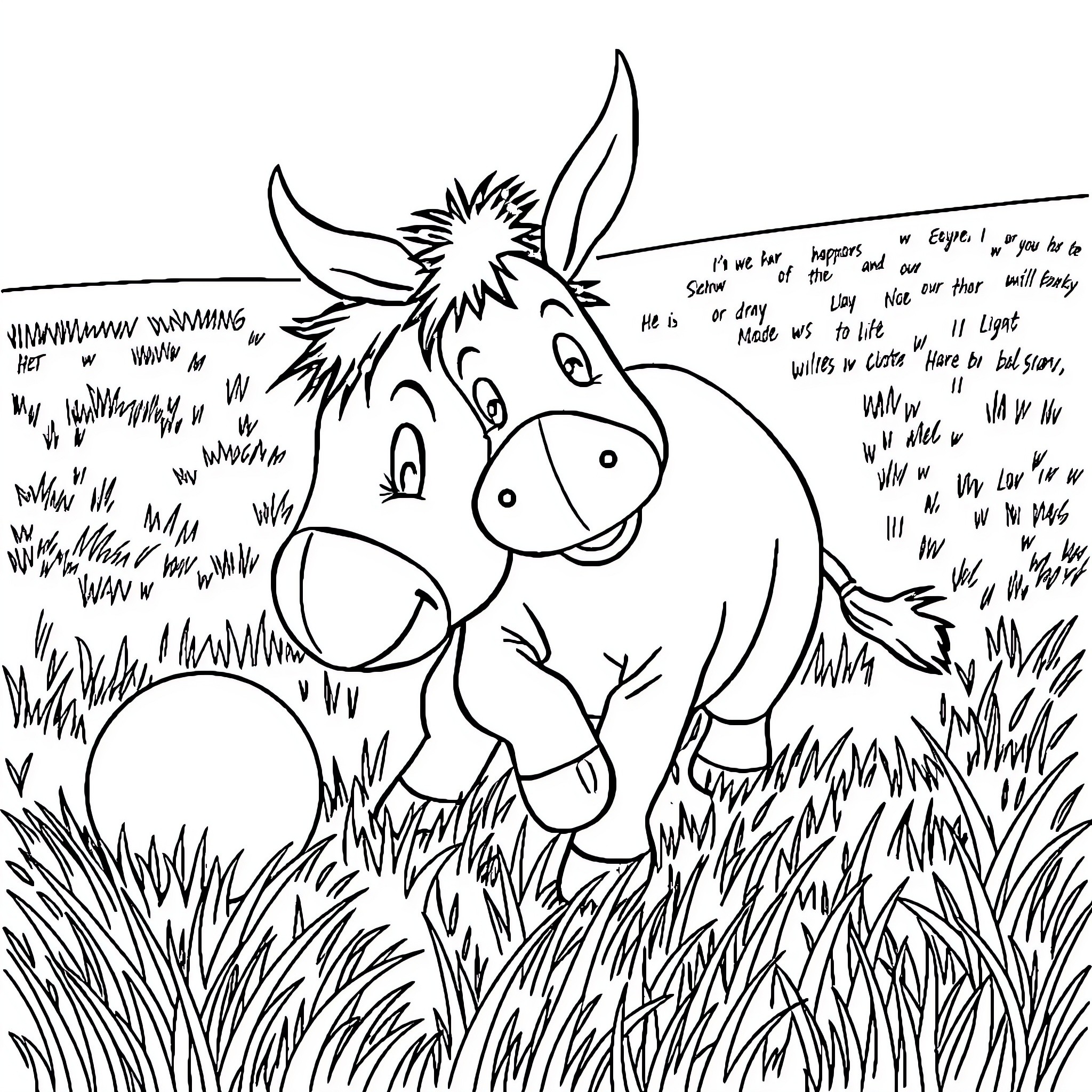 Eeyore wandering in a grassy field Coloring Page (free black-and-white line drawing printable PDF for all, from beginners to advanced learners, including children, teens, adults, and seniors)