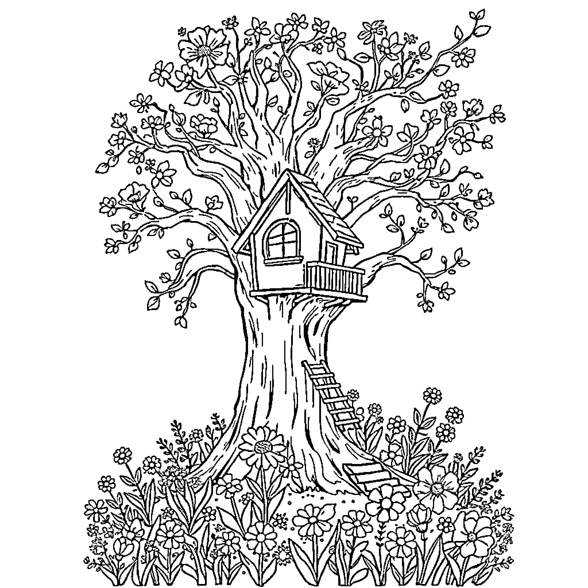 Treehouse amidst blooming flowers and foliage Coloring Page (free black-and-white line drawing printable PDF for all, from beginners to advanced learners, including children, teens, adults, and seniors)