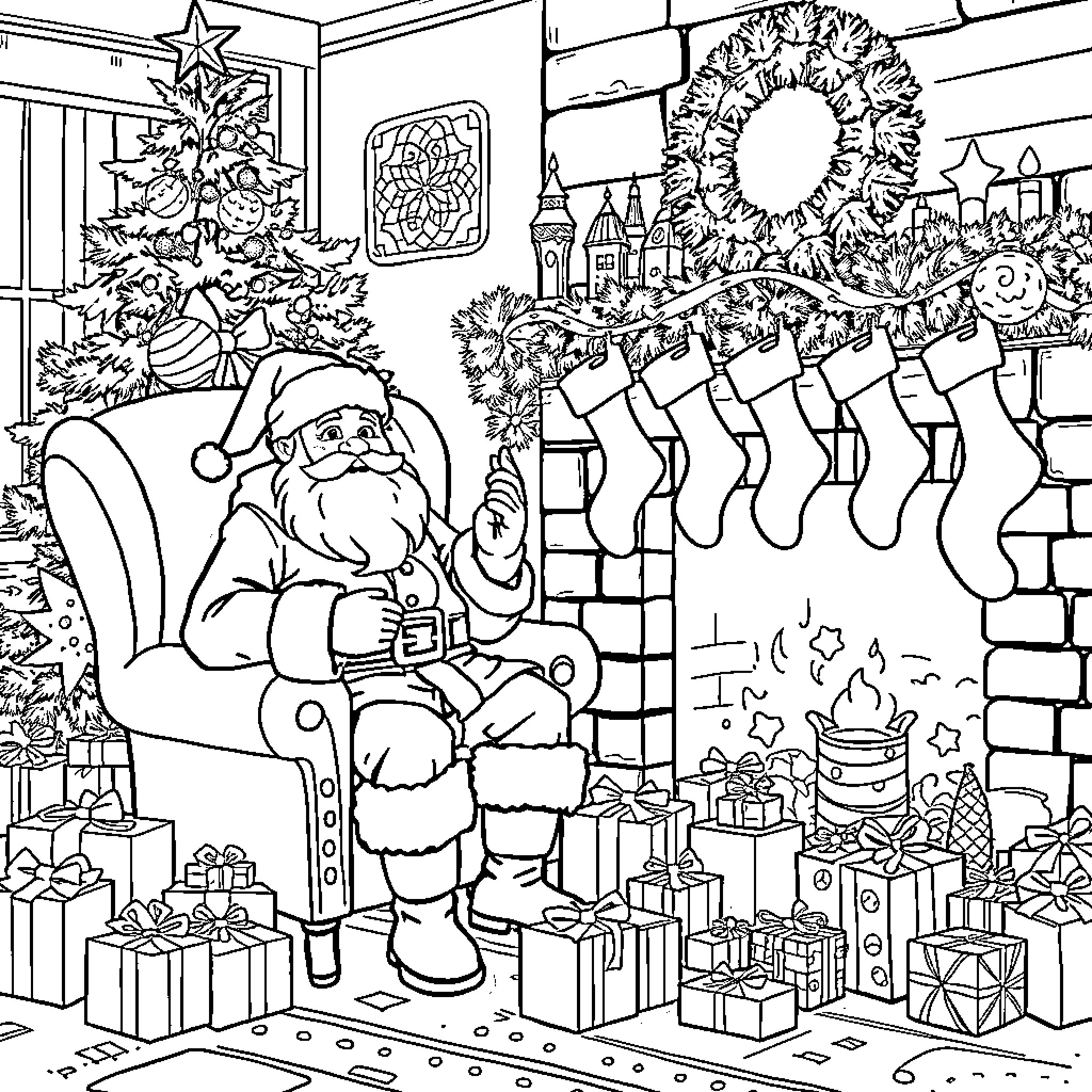 Santa Relaxing by the Christmas Tree and Fireplace Coloring Page (free black-and-white line drawing printable PDF for all, from beginners to advanced learners, including children, teens, adults, and seniors)