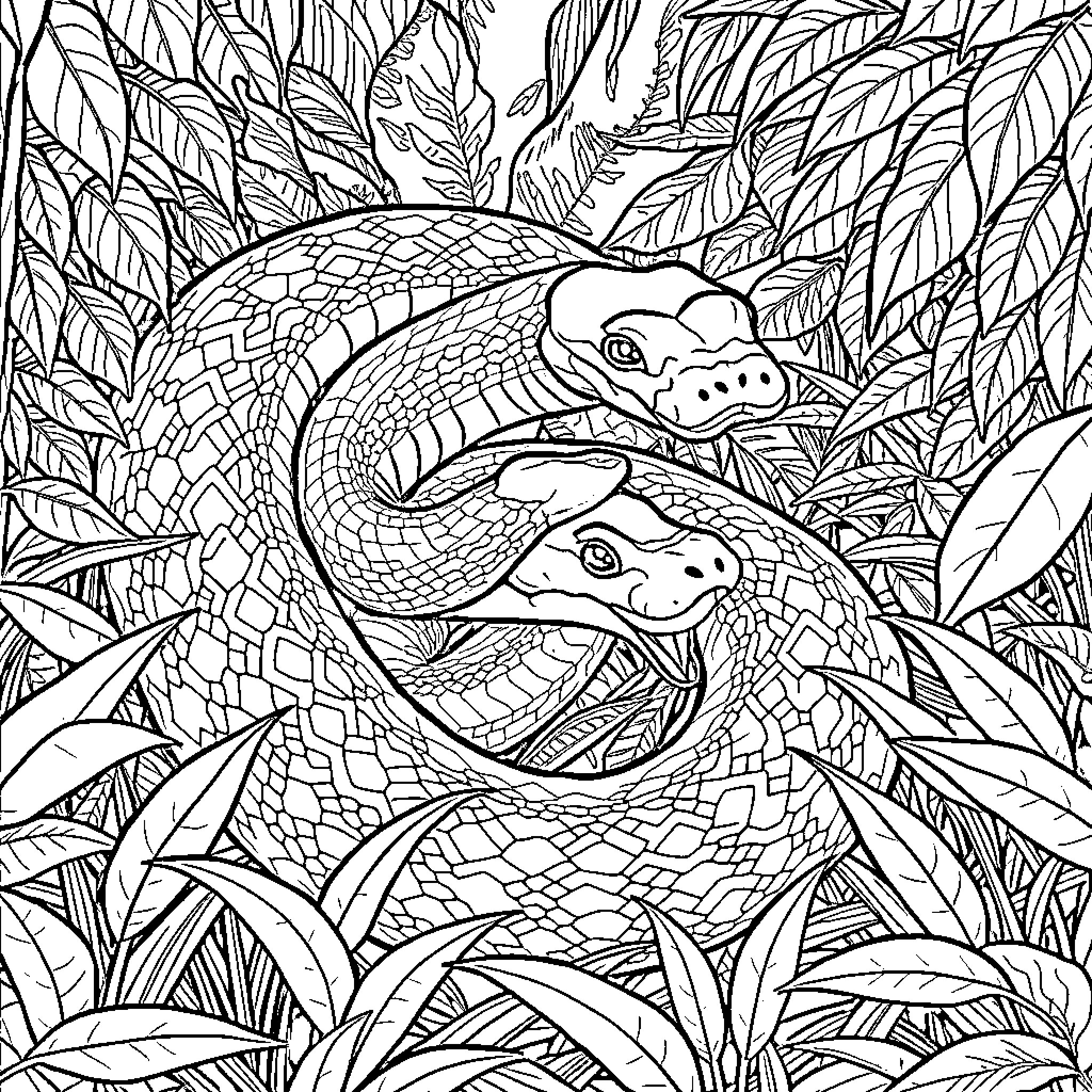 Python snakes entwined in dense jungle foliage Coloring Page (free black-and-white line drawing printable PDF for all, from beginners to advanced learners, including children, teens, adults, and seniors)