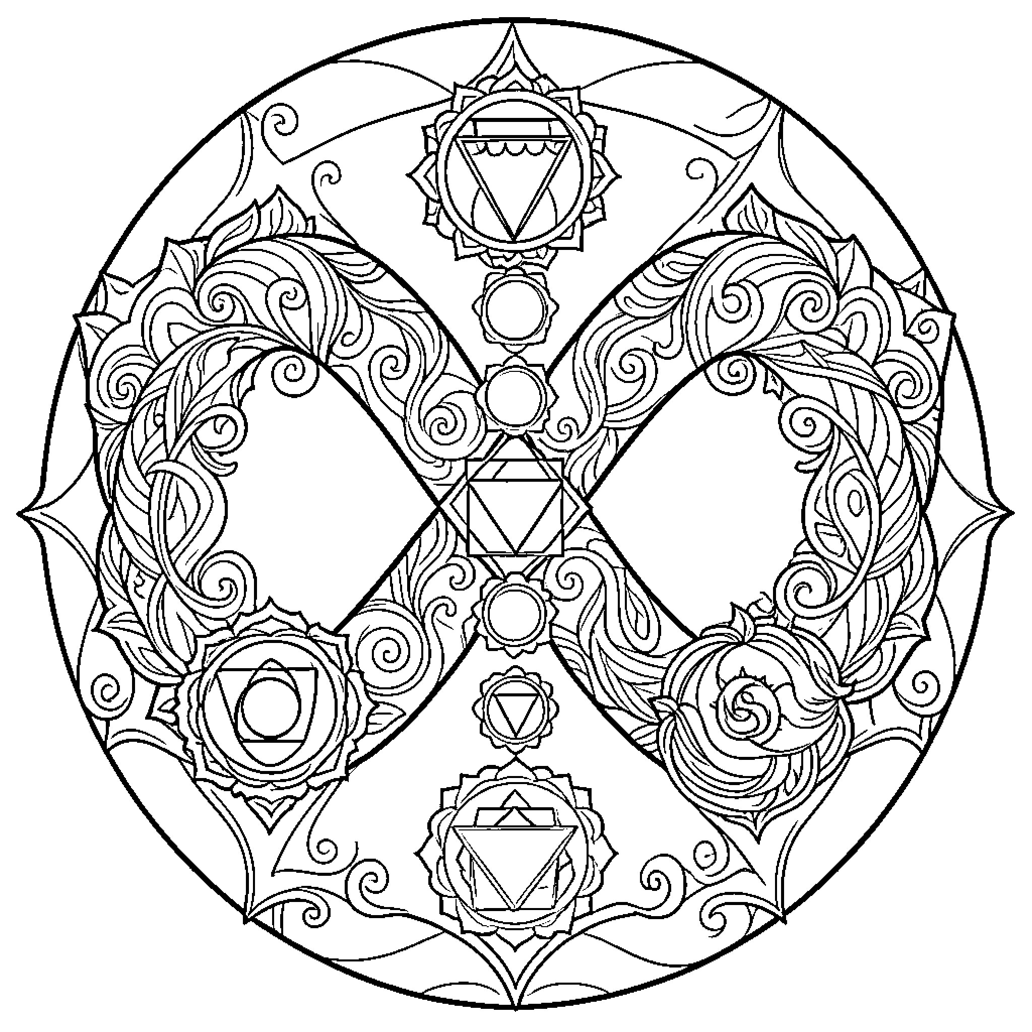 Chakra Mandala with Geometric Patterns and Symbols Coloring Page (free black-and-white line drawing printable PDF for all, from beginners to advanced learners, including children, teens, adults, and seniors)