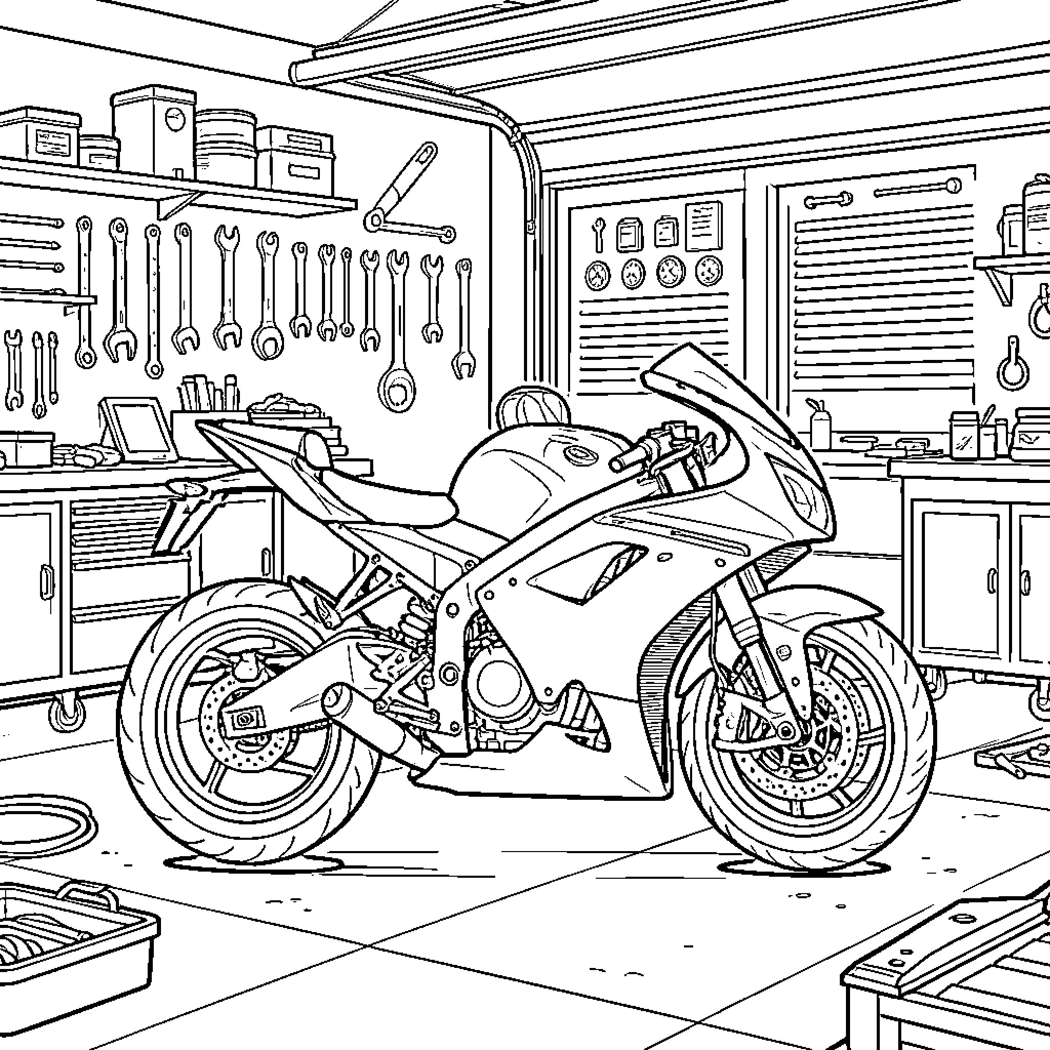 Motorcycle parked inside a well-equipped garage workshop Coloring Page (free black-and-white line drawing printable PDF for all, from beginners to advanced learners, including children, teens, adults, and seniors)