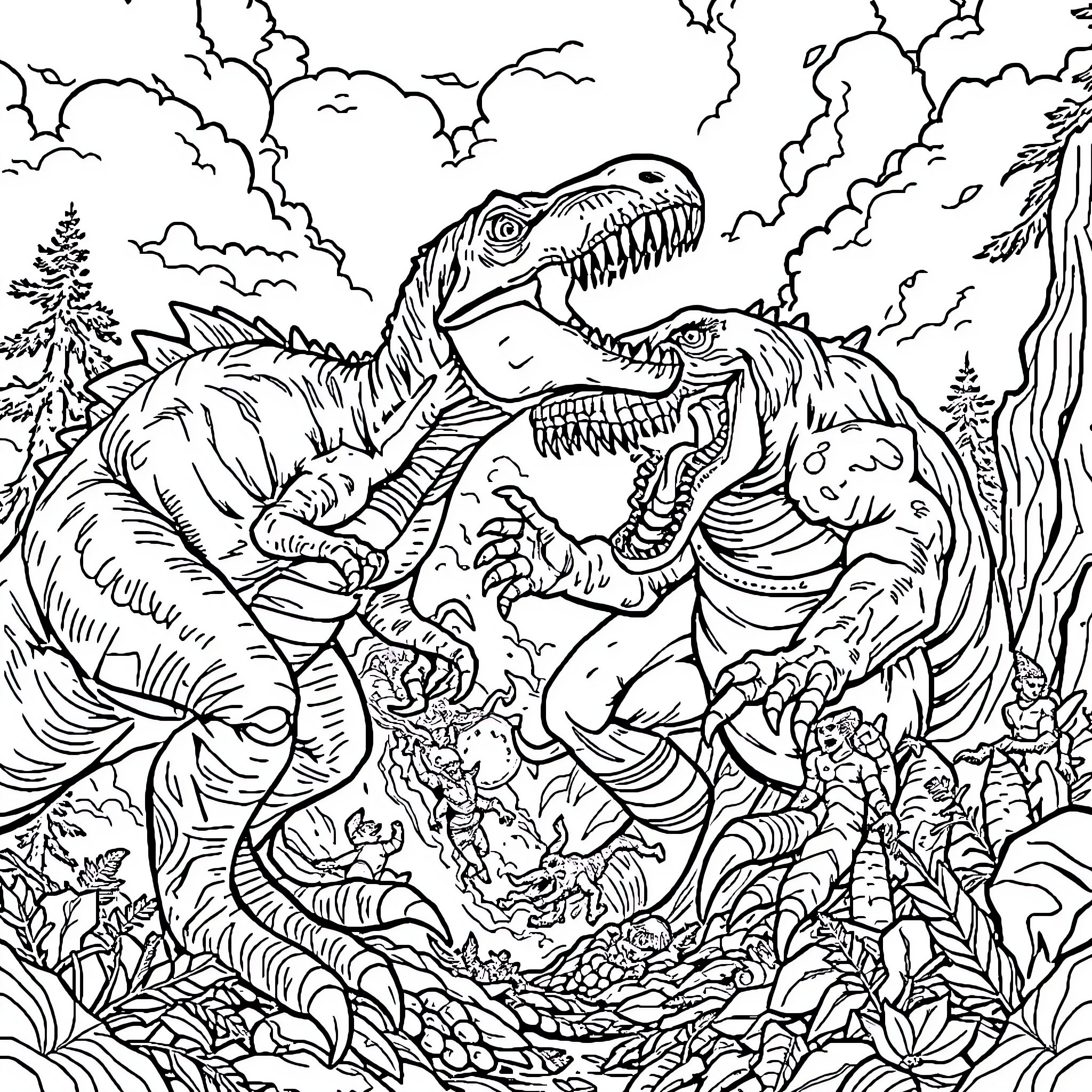 Dinosaurs battling fiercely in prehistoric landscape Coloring Page (free black-and-white line drawing printable PDF for all, from beginners to advanced learners, including children, teens, adults, and seniors)