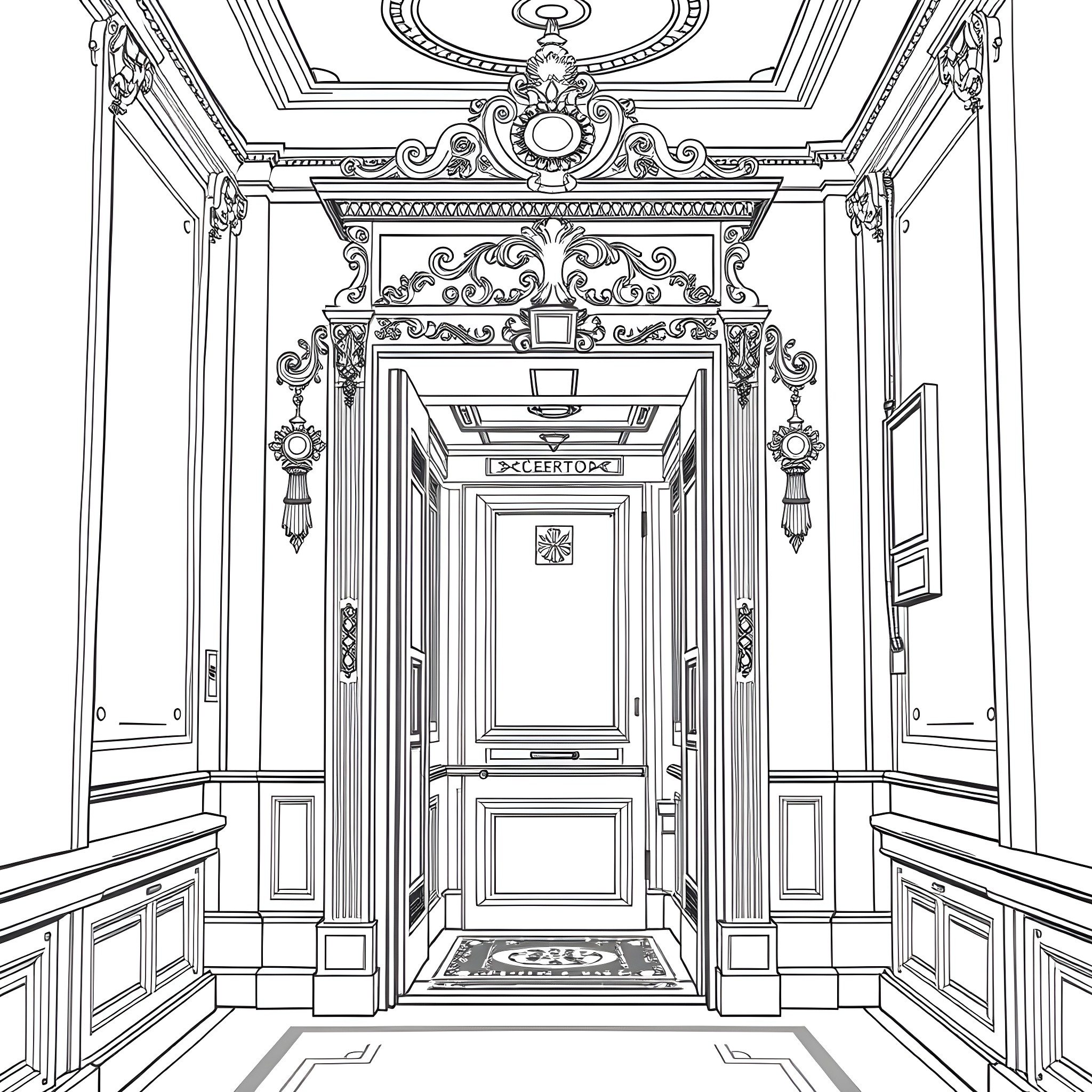 Lift Majestic Entrance to Ornate Chamber Coloring Page (free black-and-white line drawing printable PDF for all, from beginners to advanced learners, including children, teens, adults, and seniors)