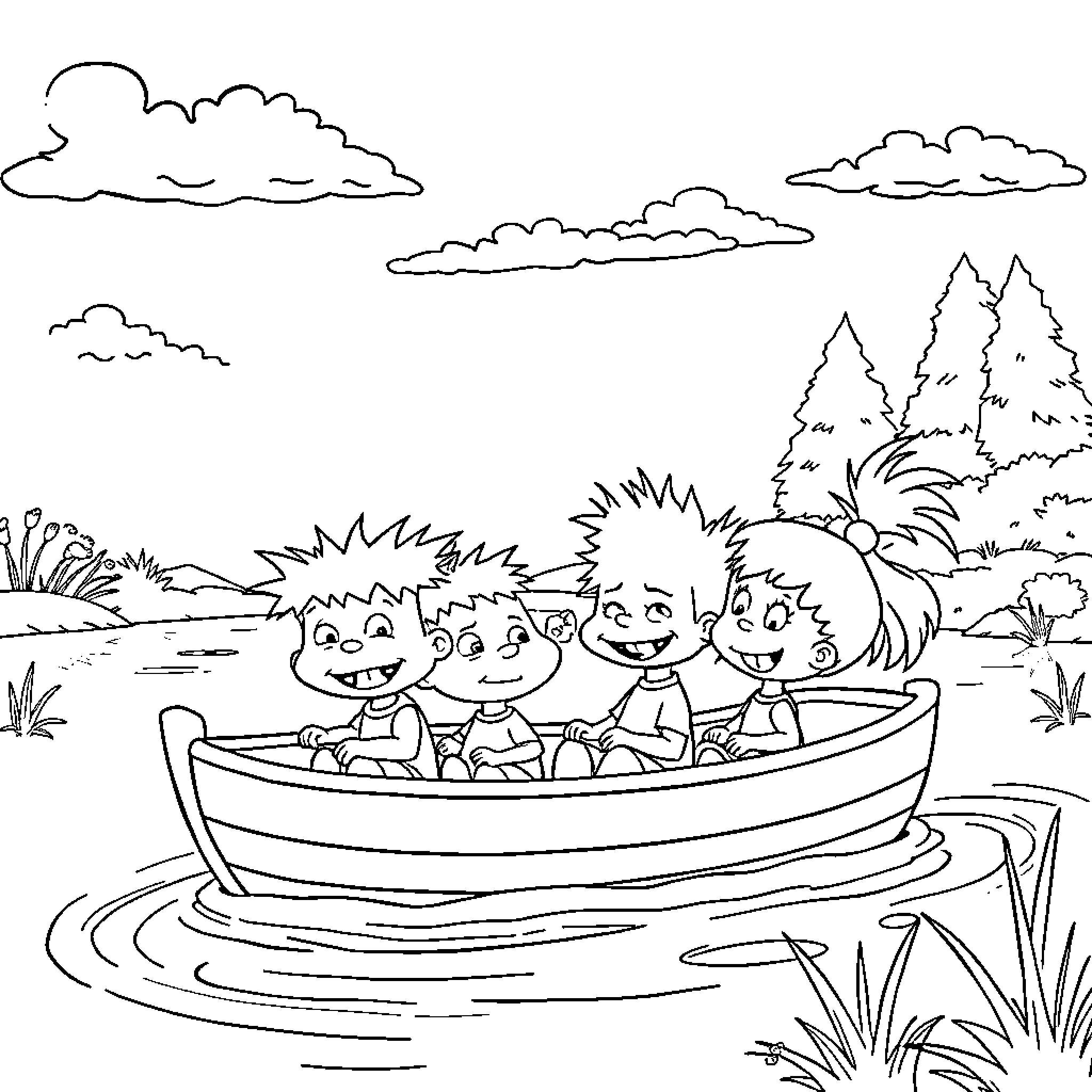 Rugrats enjoying a boat ride in nature Coloring Page (free black-and-white line drawing printable PDF for all, from beginners to advanced learners, including children, teens, adults, and seniors)