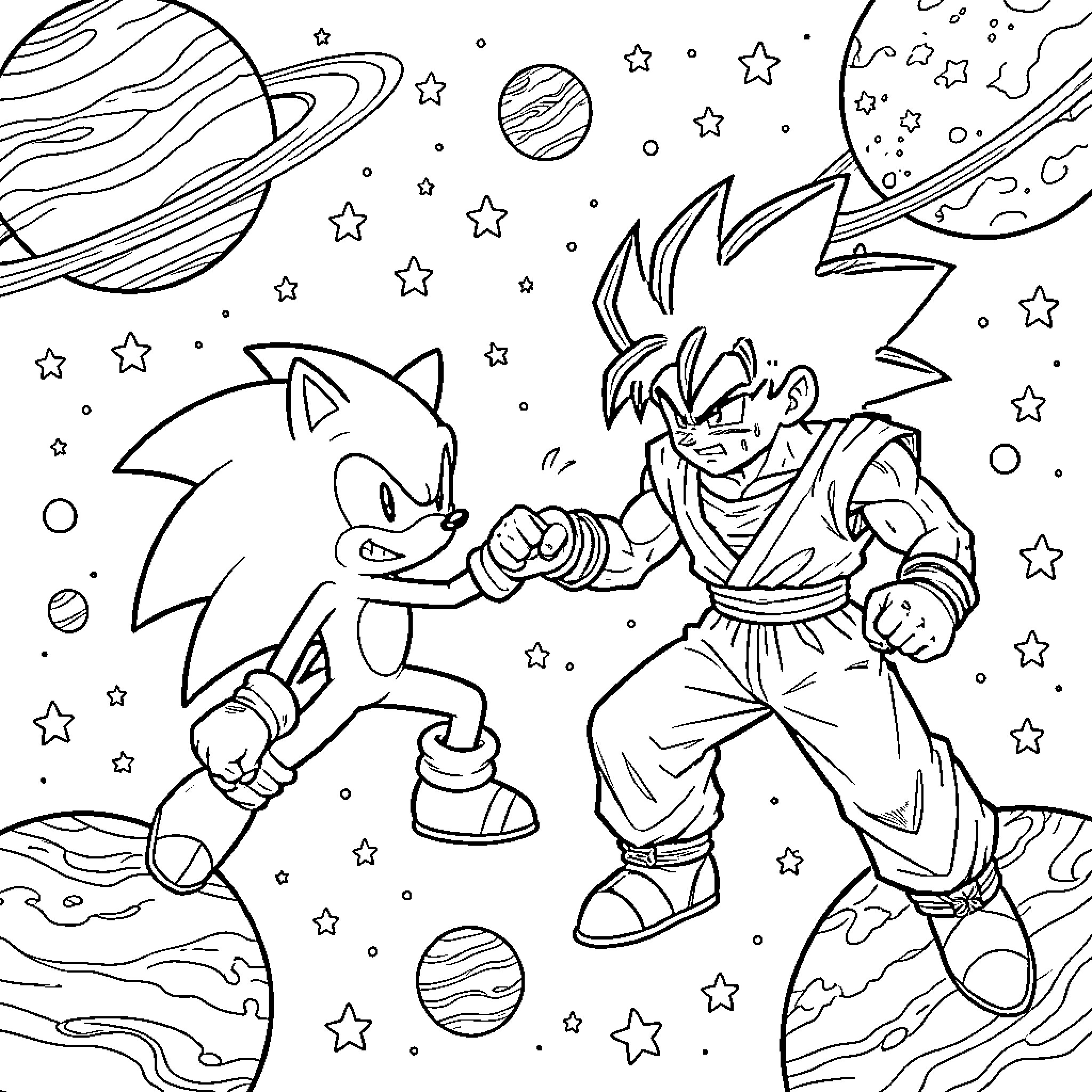 Sonic and Goku in Cosmic Space Adventure Coloring Page (free black-and-white line drawing printable PDF for all, from beginners to advanced learners, including children, teens, adults, and seniors)