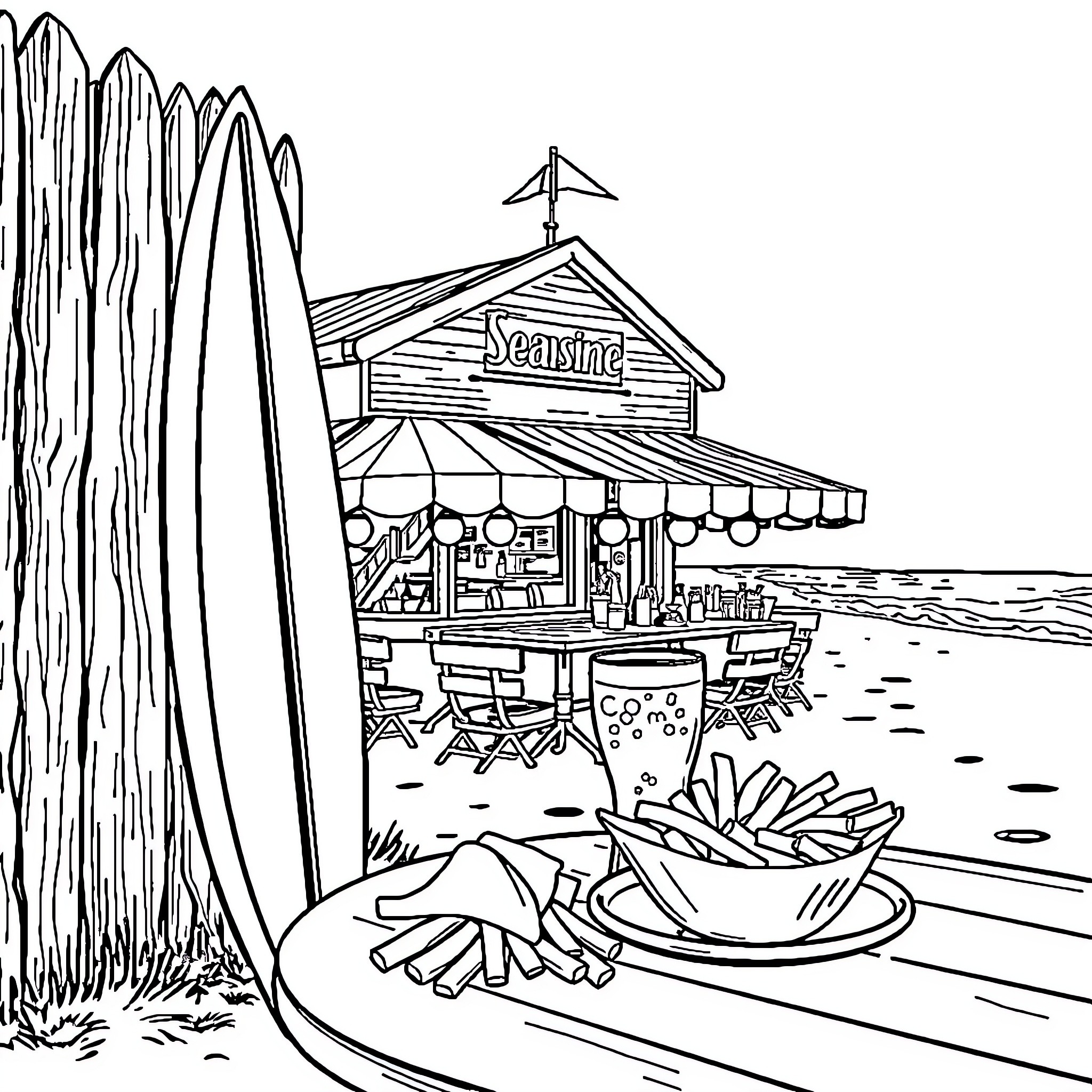 Surfboard scene at the seaside cafe Coloring Page (free black-and-white line drawing printable PDF for all, from beginners to advanced learners, including children, teens, adults, and seniors)