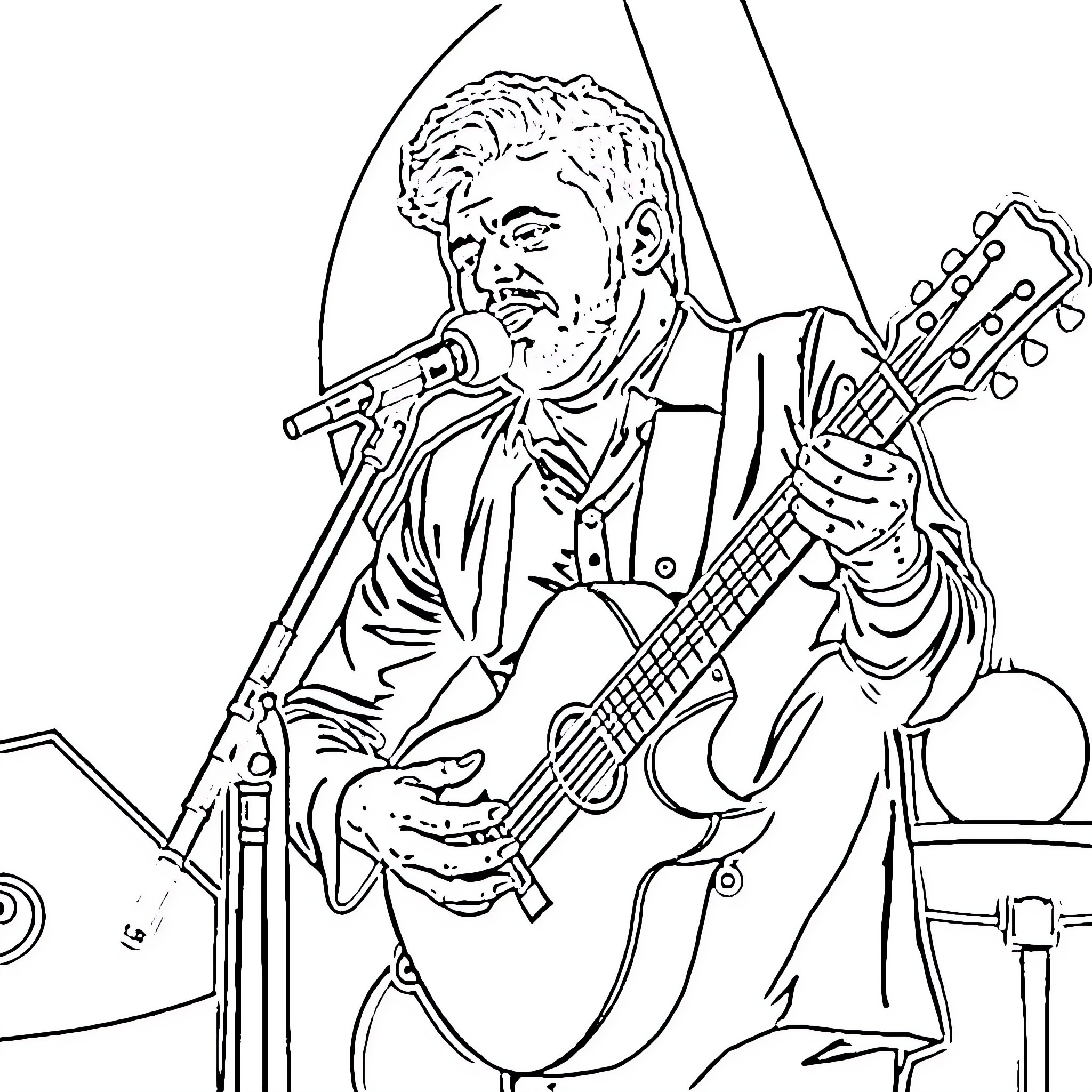 Juan Carlos Aragón performing on stage with guitar Coloring Page (free black-and-white line drawing printable PDF for all, from beginners to advanced learners, including children, teens, adults, and seniors)
