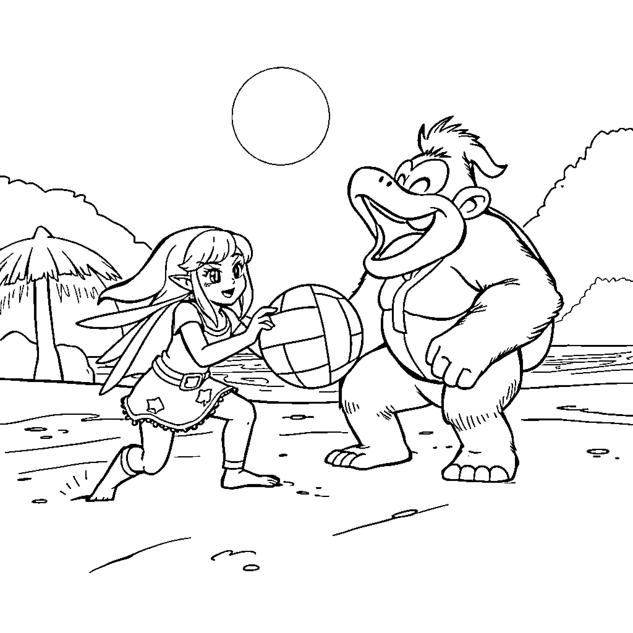 Zelda's Tropical Adventure with Friendly Beast Coloring Page (free black-and-white line drawing printable PDF for all, from beginners to advanced learners, including children, teens, adults, and seniors)