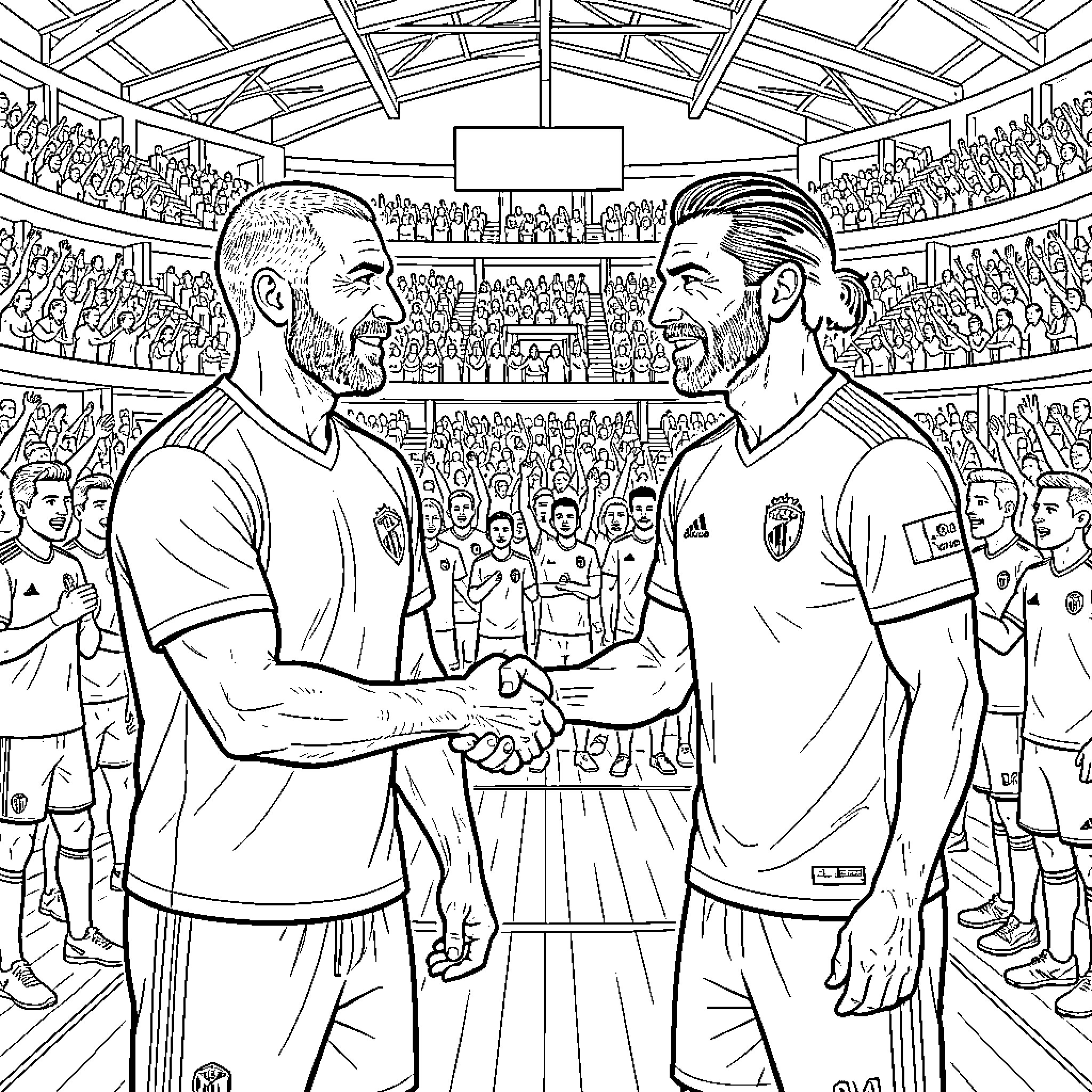 David Goggins Shaking Hands with Competitor in Stadium Coloring Page (free black-and-white line drawing printable PDF for all, from beginners to advanced learners, including children, teens, adults, and seniors)