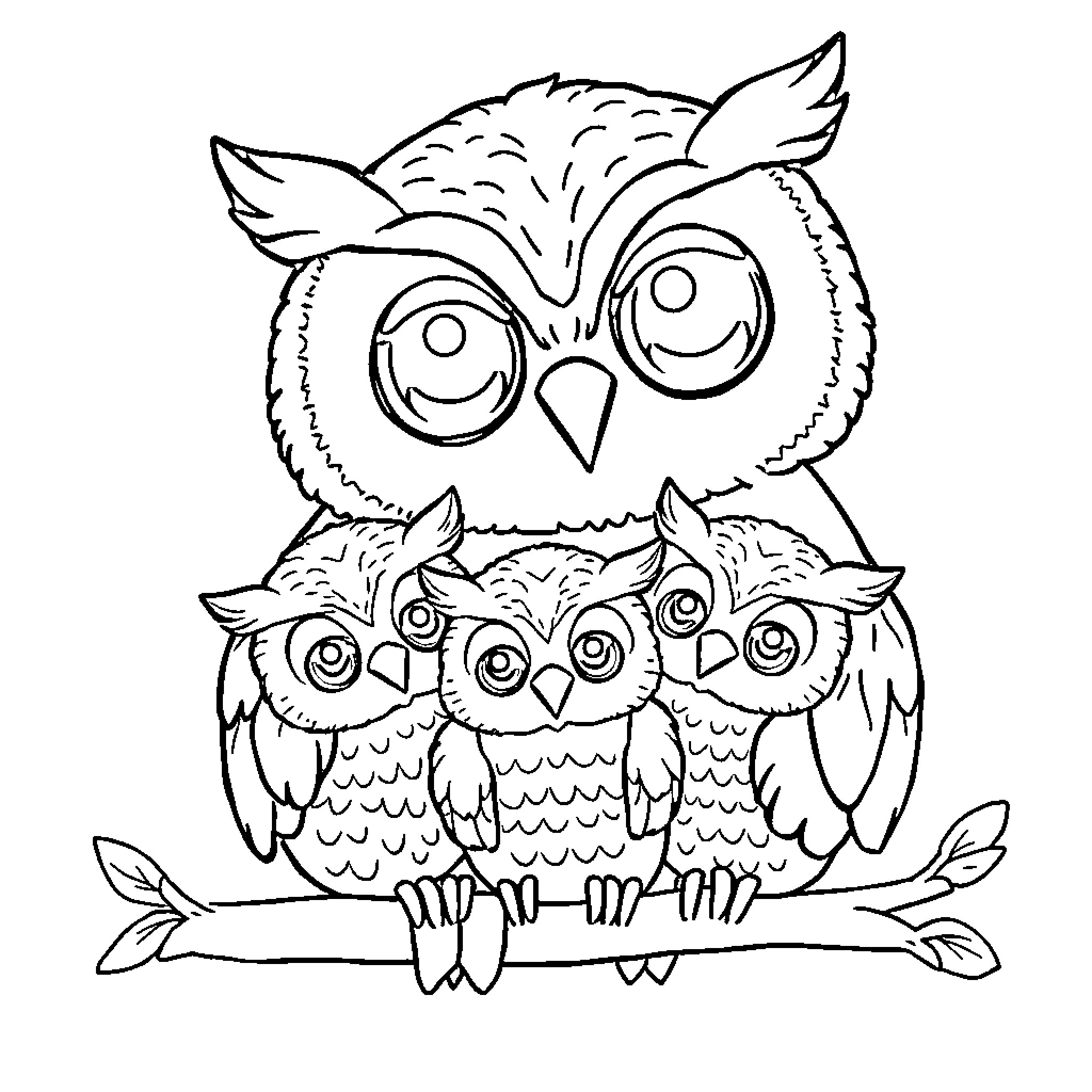 Owl family perched together on a branch Coloring Page (free black-and-white line drawing printable PDF for all, from beginners to advanced learners, including children, teens, adults, and seniors)