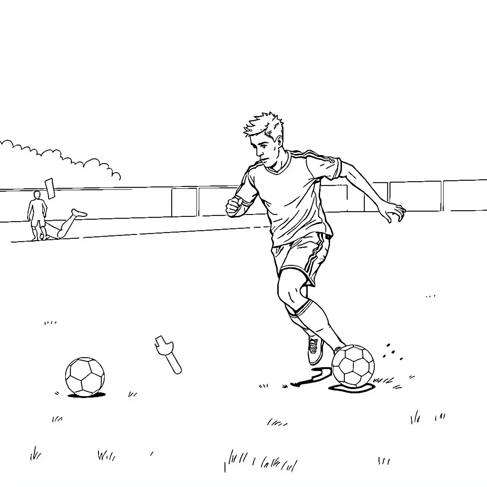Footballer dribbling the ball on the field Coloring Page (free black-and-white line drawing printable PDF for all, from beginners to advanced learners, including children, teens, adults, and seniors)