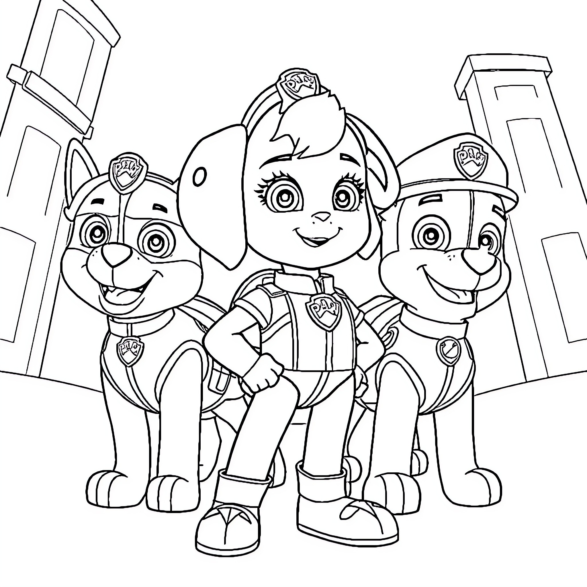 Stella and her Paw Patrol friends Coloring Page (free black-and-white line drawing printable PDF for all, from beginners to advanced learners, including children, teens, adults, and seniors)