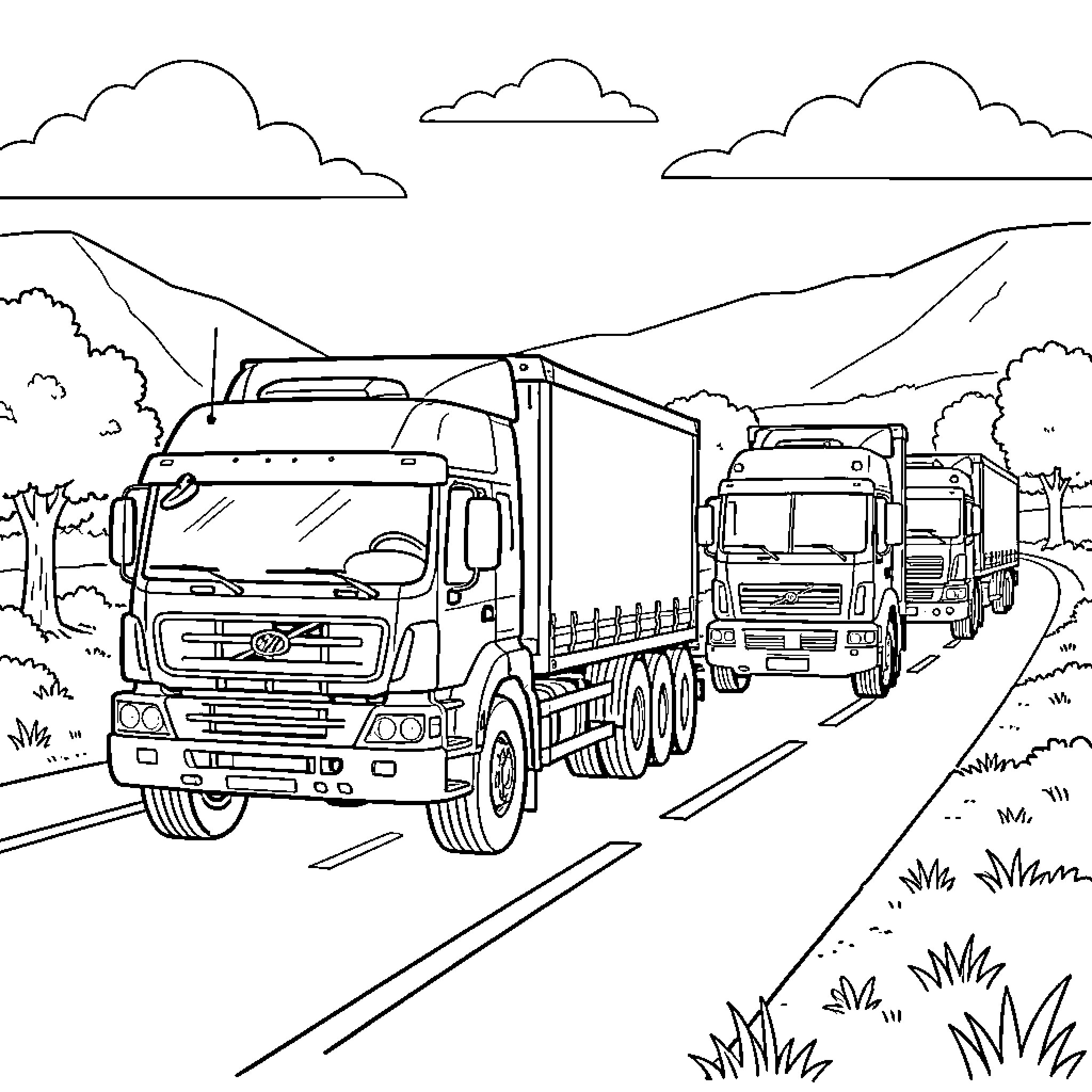 Convoi of heavy trucks driving on a mountain road Coloring Page (free black-and-white line drawing printable PDF for all, from beginners to advanced learners, including children, teens, adults, and seniors)