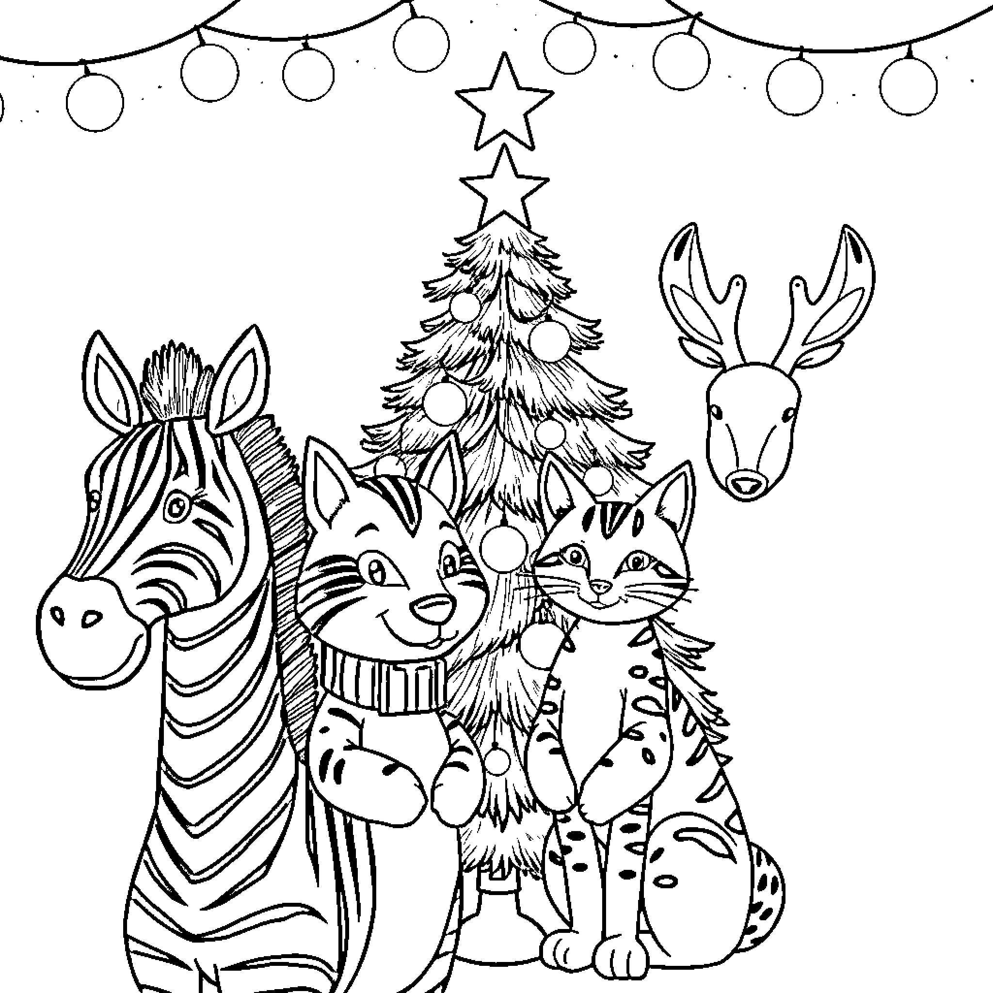 Zebra, cat, and deer celebrating with holiday decorations Coloring Page (free black-and-white line drawing printable PDF for all, from beginners to advanced learners, including children, teens, adults, and seniors)