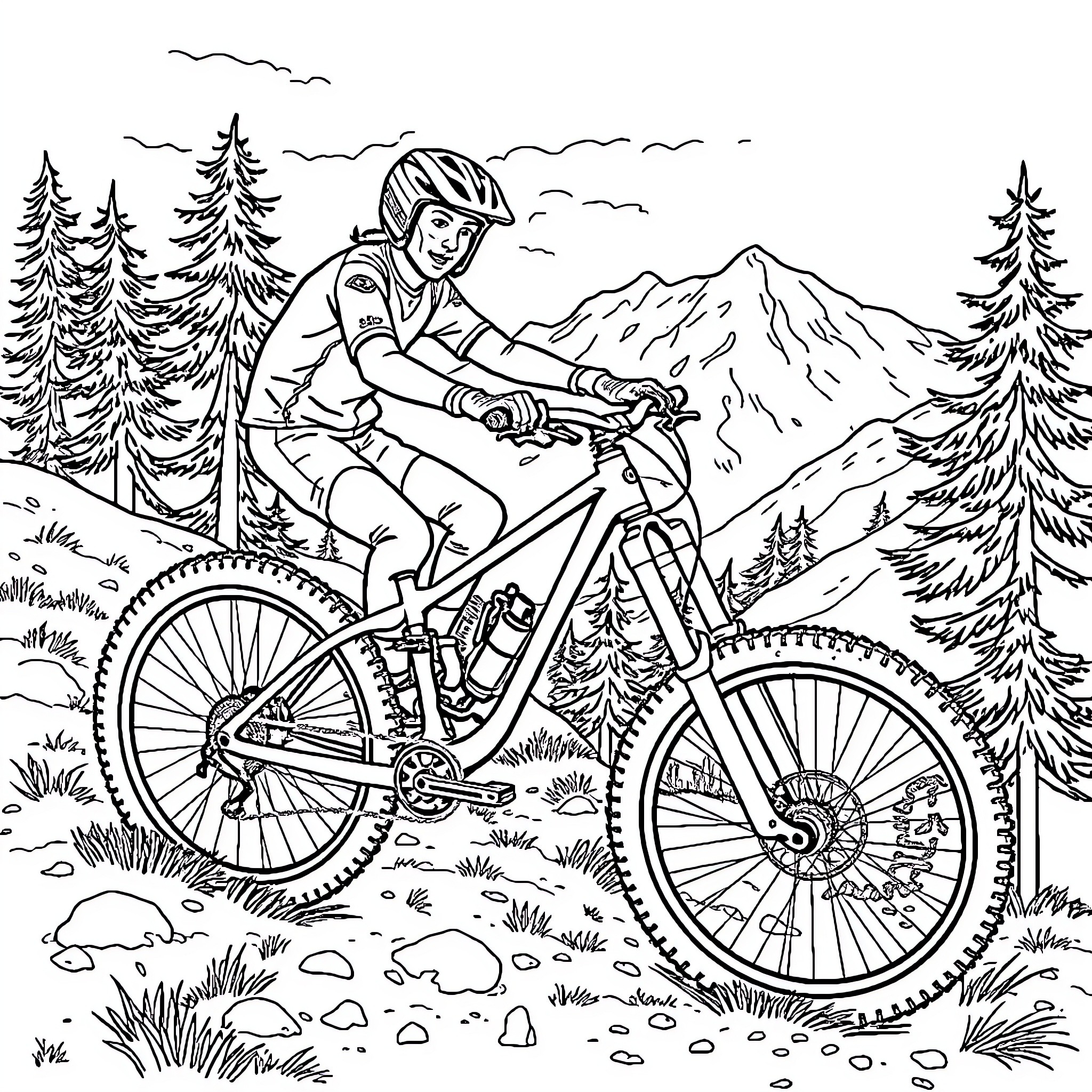 Mountain Bike Rider Navigating Rugged Terrain Coloring Page (free black-and-white line drawing printable PDF for all, from beginners to advanced learners, including children, teens, adults, and seniors)