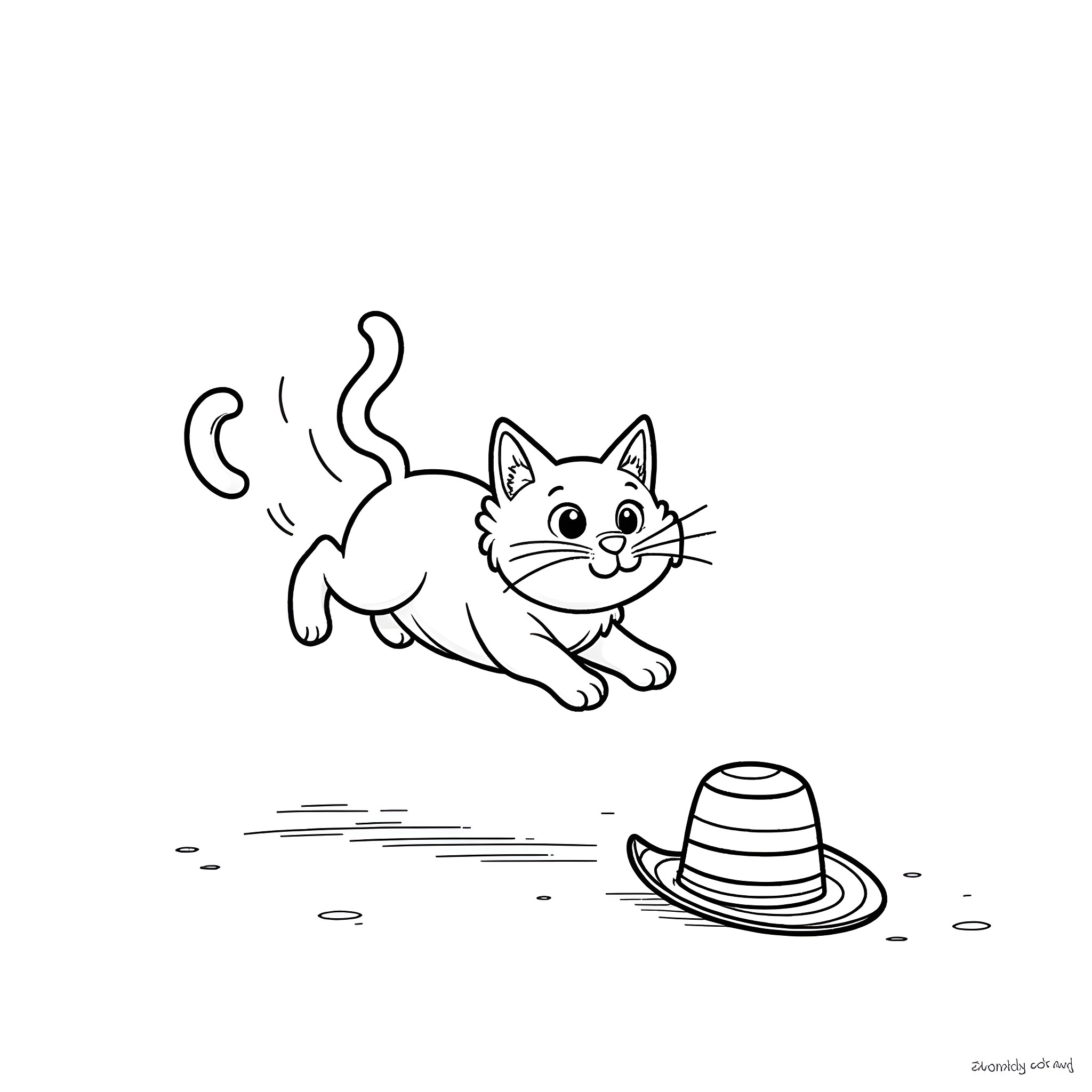 Cat chasing straw hat playfully Coloring Page (free black-and-white line drawing printable PDF for all, from beginners to advanced learners, including children, teens, adults, and seniors)