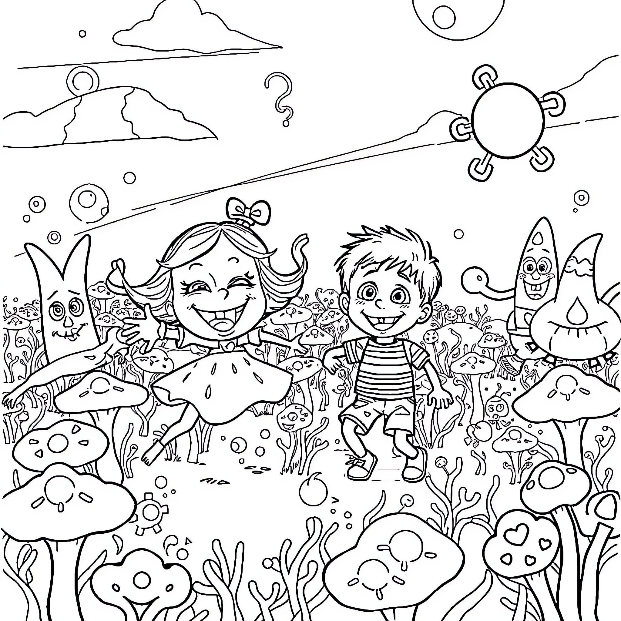 Child exploring a whimsical fantasy world Coloring Page (free black-and-white line drawing printable PDF for all, from beginners to advanced learners, including children, teens, adults, and seniors)