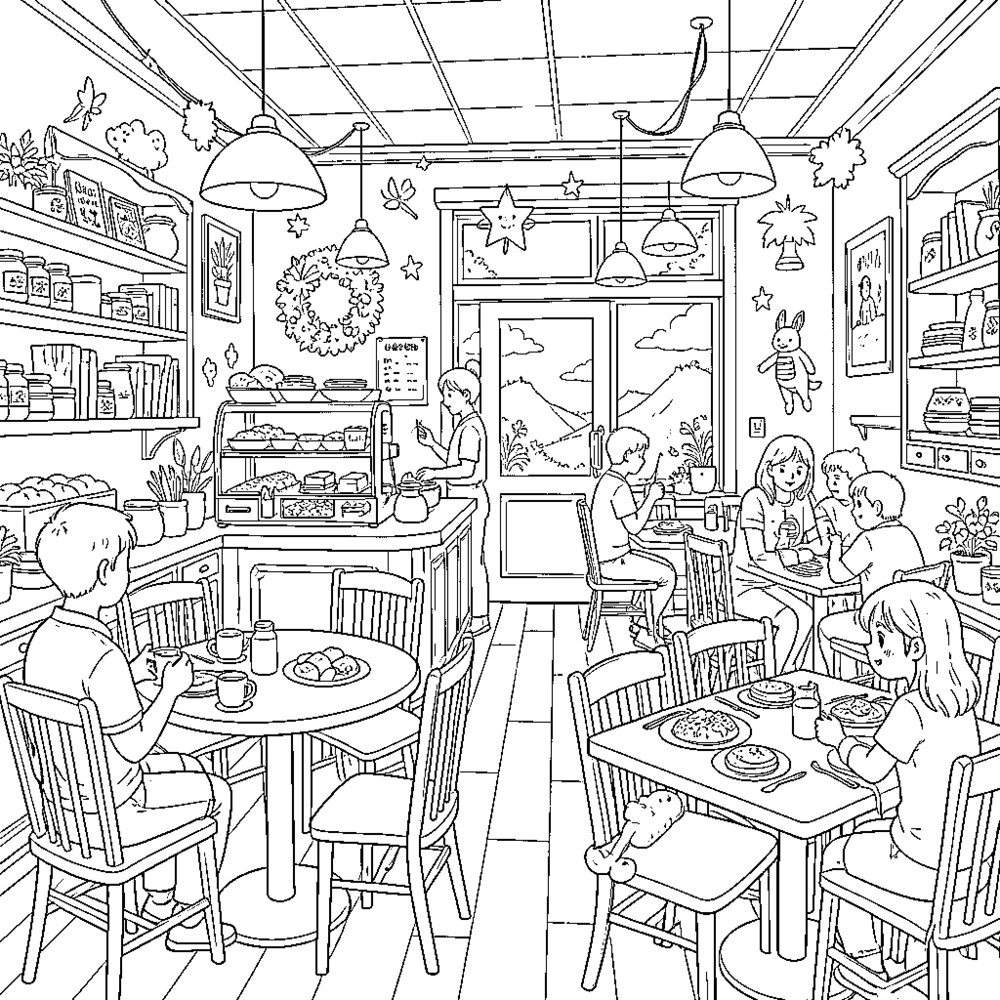 Cafeteria scene with people enjoying meals and socializing Coloring Page (free black-and-white line drawing printable PDF for all, from beginners to advanced learners, including children, teens, adults, and seniors)