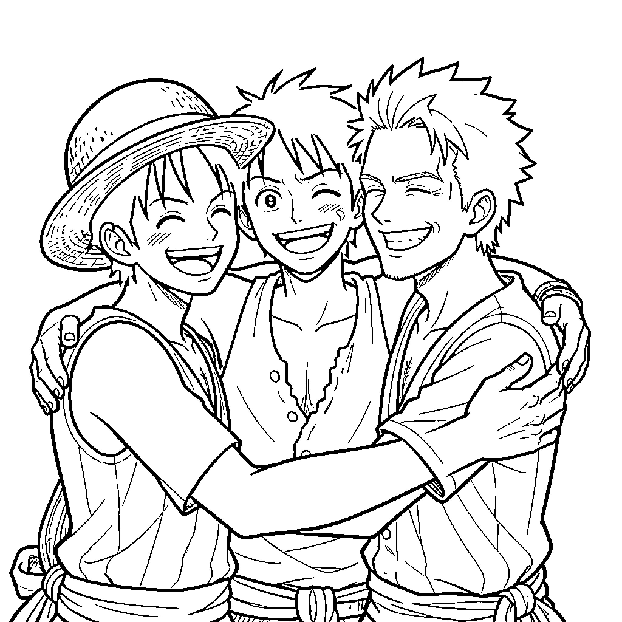 One Piece: Trio of Friends Sharing a Moment Coloring Page (free black-and-white line drawing printable PDF for all, from beginners to advanced learners, including children, teens, adults, and seniors)