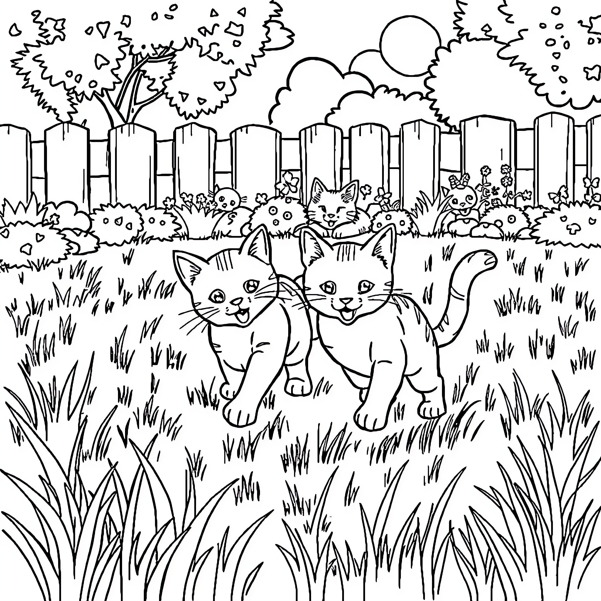 Cat Kittens Explore Outdoor Scene Coloring Page (free black-and-white line drawing printable PDF for all, from beginners to advanced learners, including children, teens, adults, and seniors)