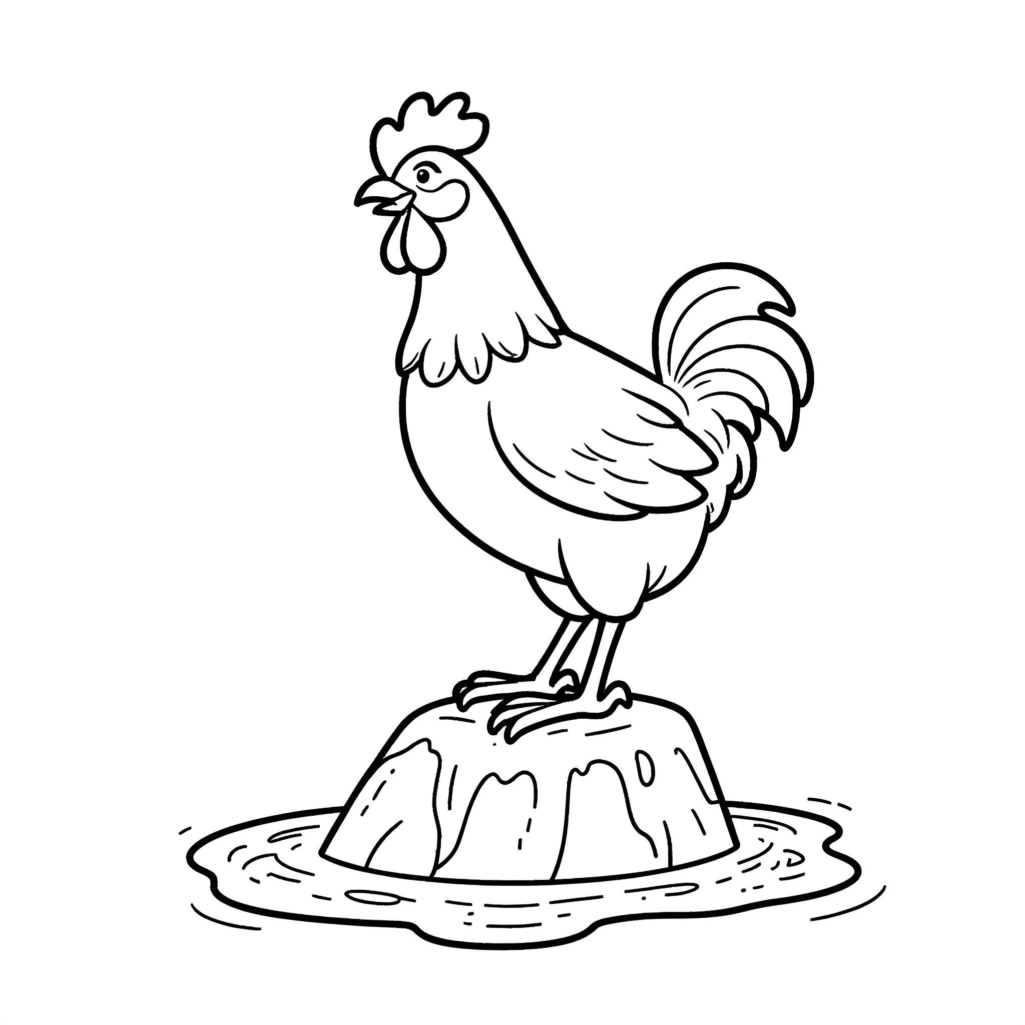 Chicken standing on pudding Coloring Page (free black-and-white line drawing printable PDF for all, from beginners to advanced learners, including children, teens, adults, and seniors)