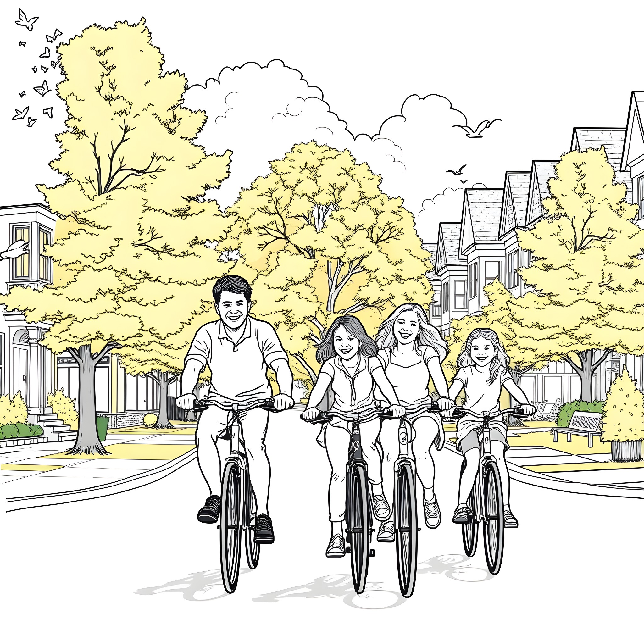 Family Enjoying a Bike Ride in the Park Coloring Page (free black-and-white line drawing printable PDF for all, from beginners to advanced learners, including children, teens, adults, and seniors)