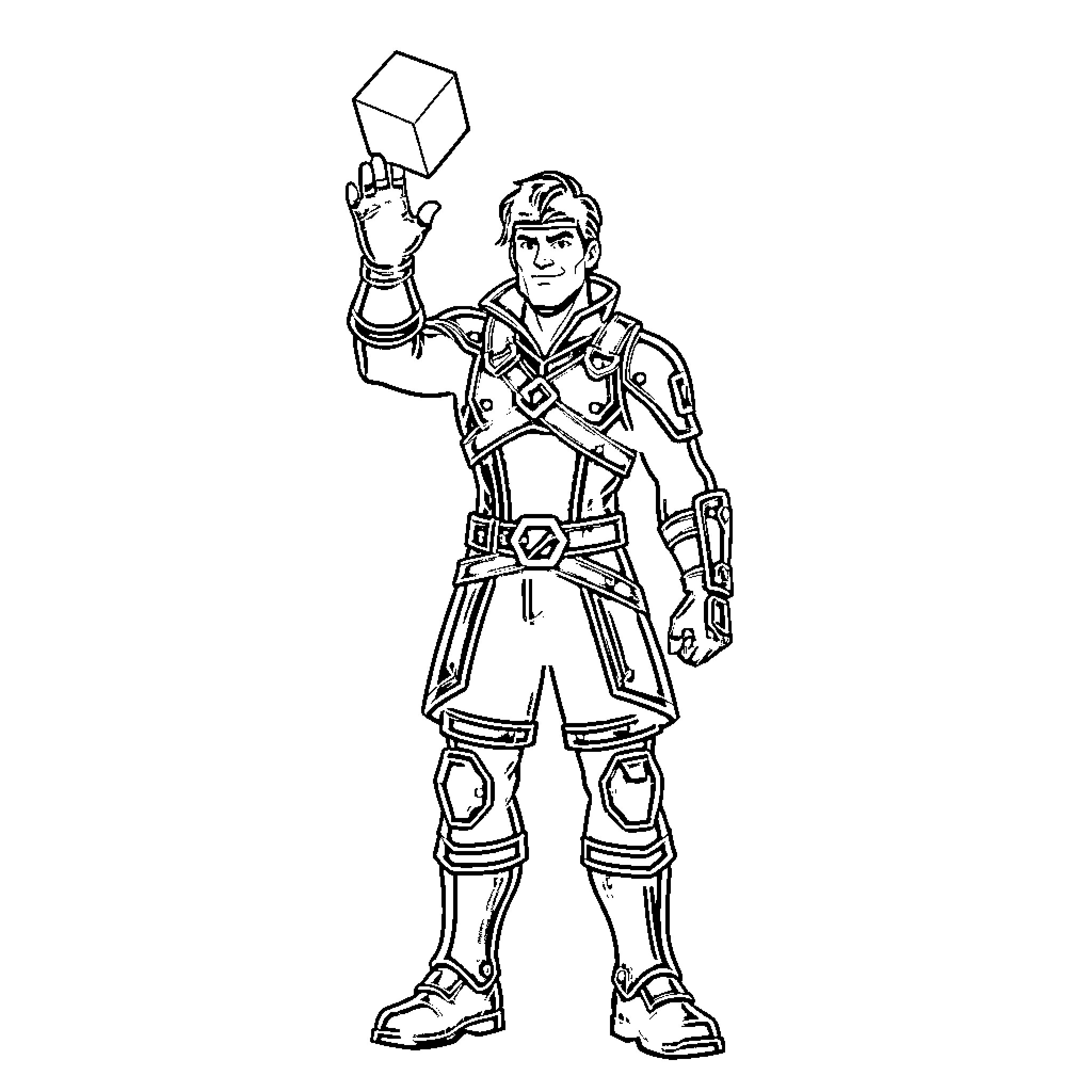 Voyager holding a floating cube with confidence Coloring Page (free black-and-white line drawing printable PDF for all, from beginners to advanced learners, including children, teens, adults, and seniors)