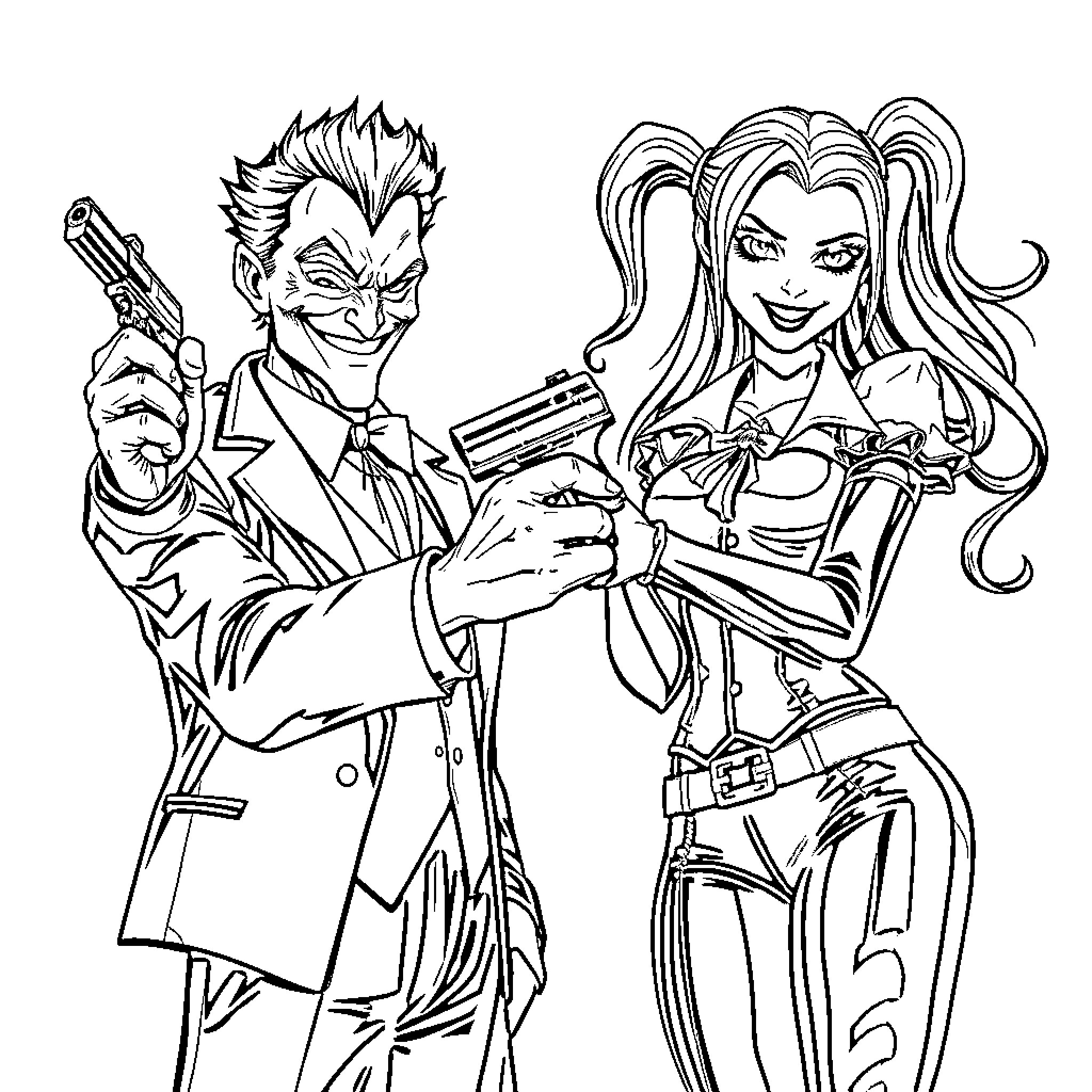 Joker and Harley Quinn in action poses Coloring Page (free black-and-white line drawing printable PDF for all, from beginners to advanced learners, including children, teens, adults, and seniors)