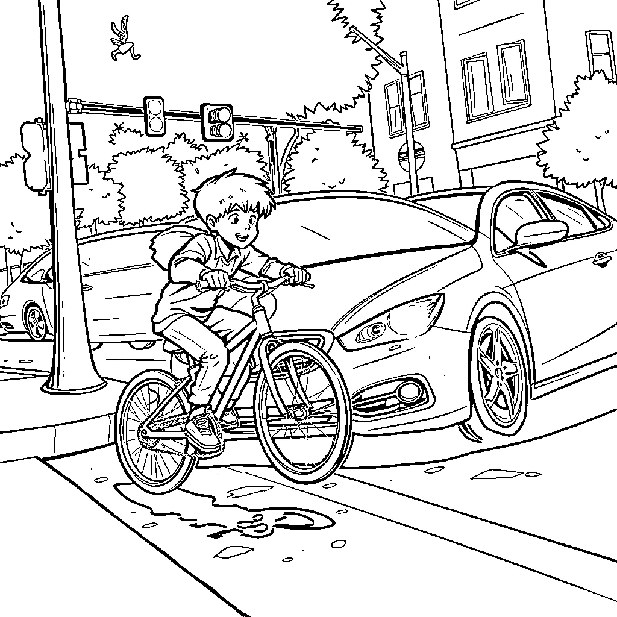 Boy riding bicycle on city street Coloring Page (free black-and-white line drawing printable PDF for all, from beginners to advanced learners, including children, teens, adults, and seniors)