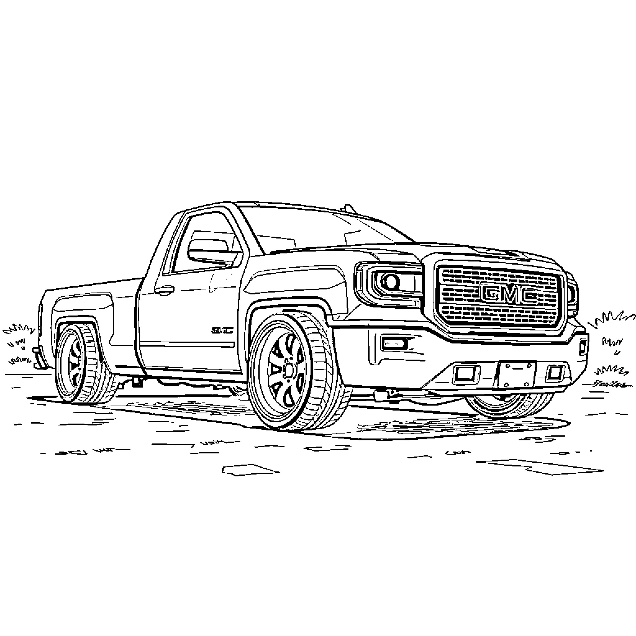 GMC Truck off-road adventure Coloring Page (free black-and-white line drawing printable PDF for all, from beginners to advanced learners, including children, teens, adults, and seniors)