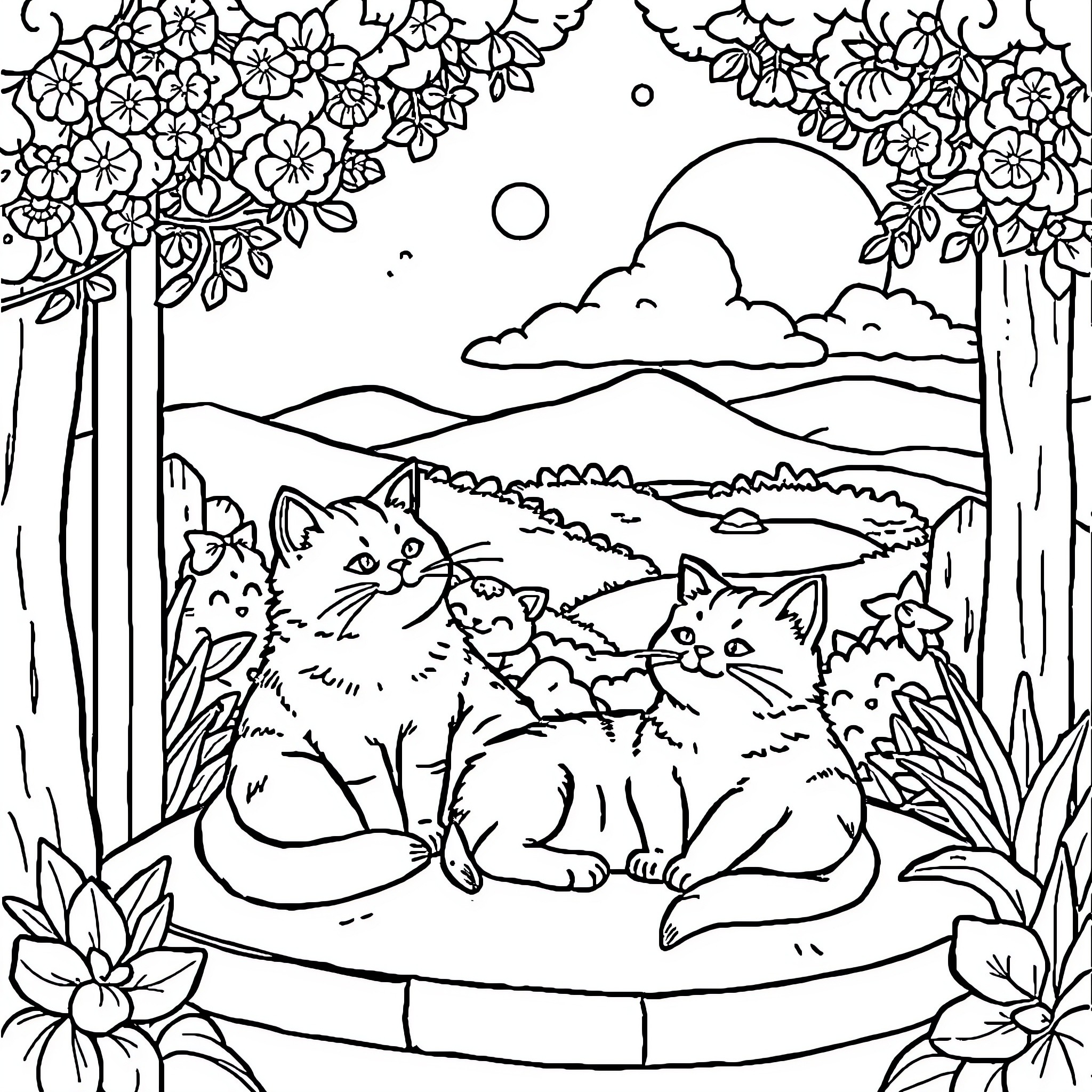 Cat relaxing in a floral meadow Coloring Page (free black-and-white line drawing printable PDF for all, from beginners to advanced learners, including children, teens, adults, and seniors)