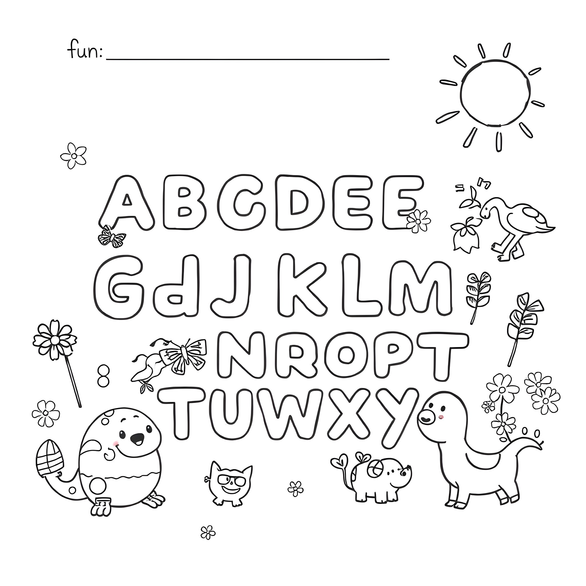 Number Fun: Cute Animals and Flowers in Alphabet Scene Coloring Page (free black-and-white line drawing printable PDF for all, from beginners to advanced learners, including children, teens, adults, and seniors)