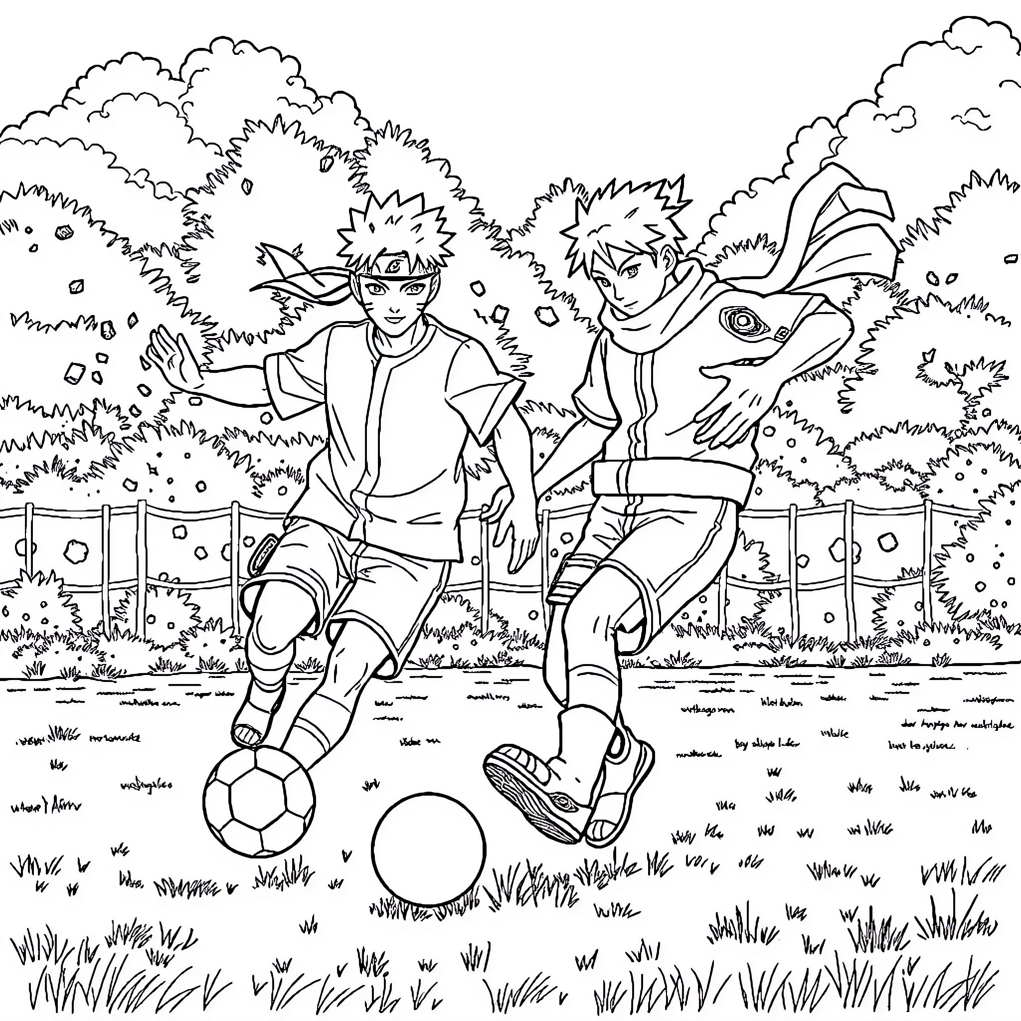 Naruto characters playing soccer in the park Coloring Page (free black-and-white line drawing printable PDF for all, from beginners to advanced learners, including children, teens, adults, and seniors)