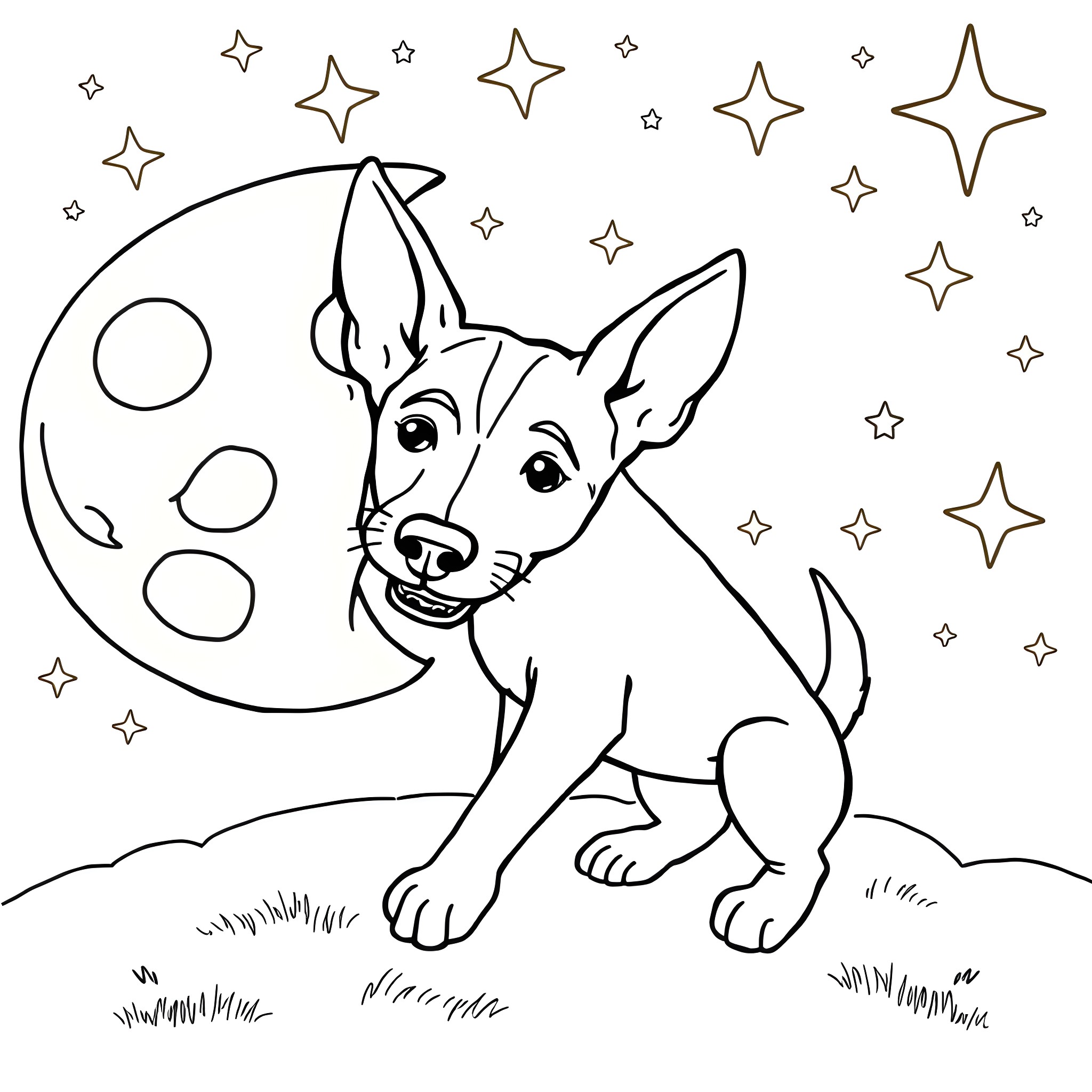 Jack Russell playing under the starry night sky Coloring Page (free black-and-white line drawing printable PDF for all, from beginners to advanced learners, including children, teens, adults, and seniors)