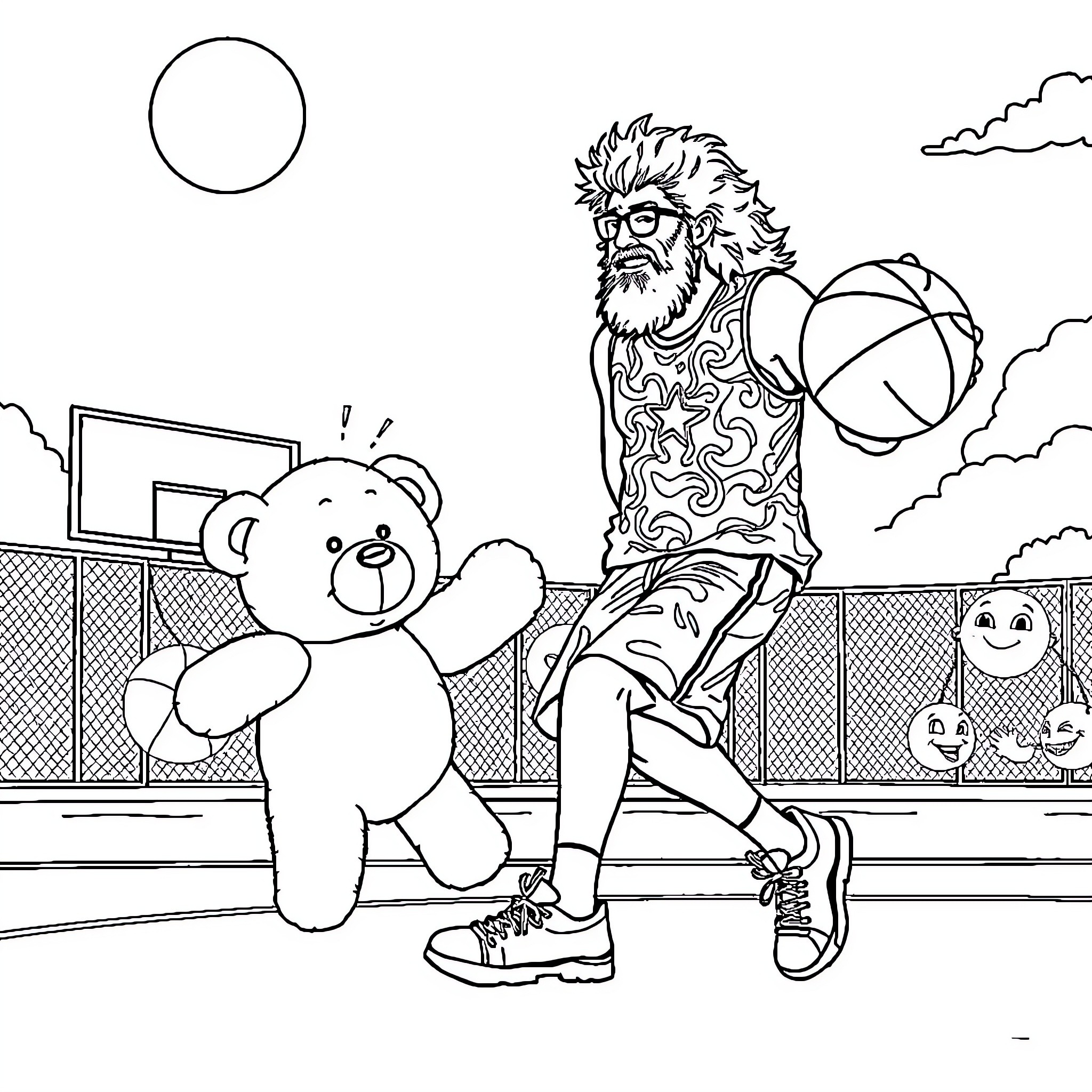 Jerry Garcia enjoying an outdoor basketball game Coloring Page (free black-and-white line drawing printable PDF for all, from beginners to advanced learners, including children, teens, adults, and seniors)