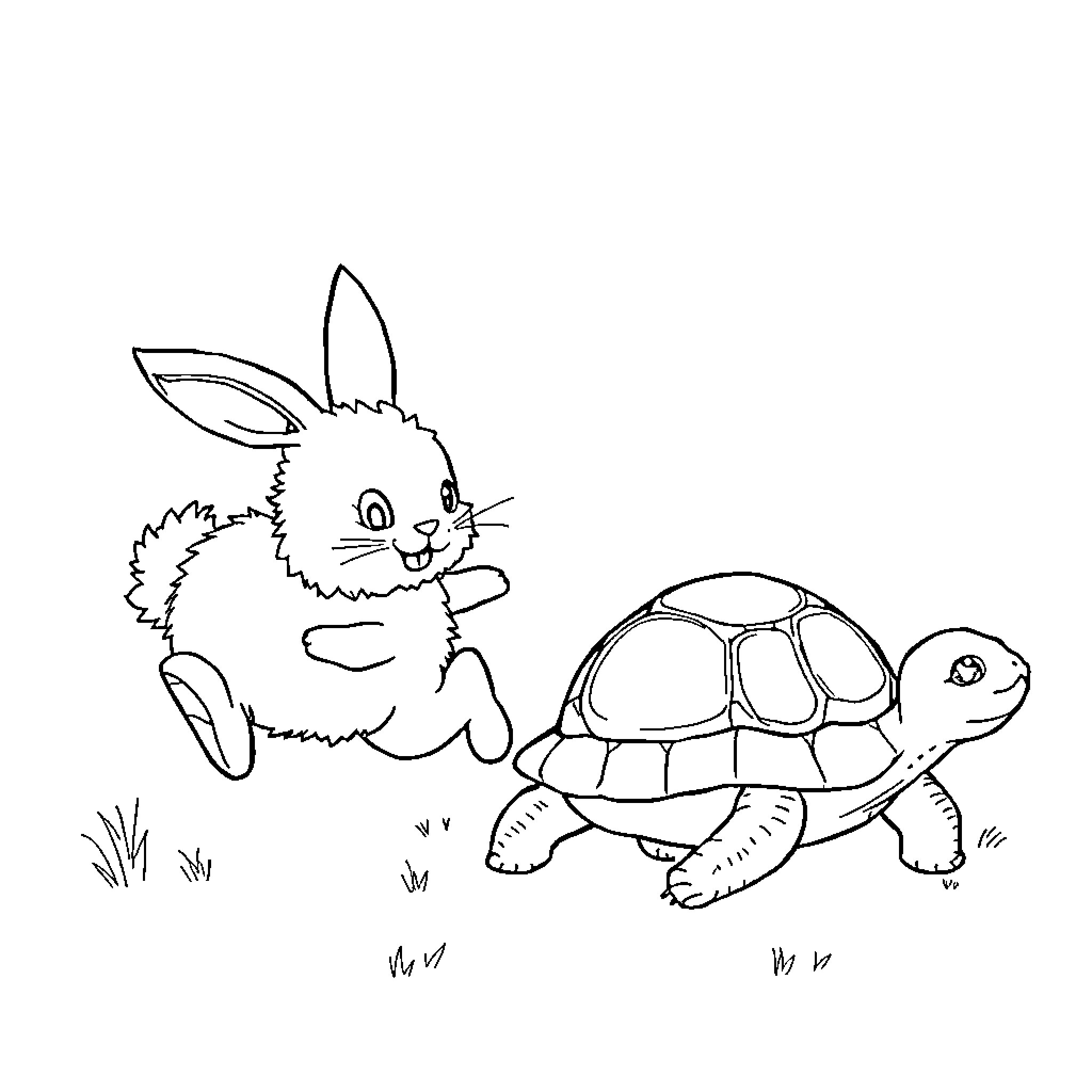 Rabbit and turtle playing together Coloring Page (free black-and-white line drawing printable PDF for all, from beginners to advanced learners, including children, teens, adults, and seniors)